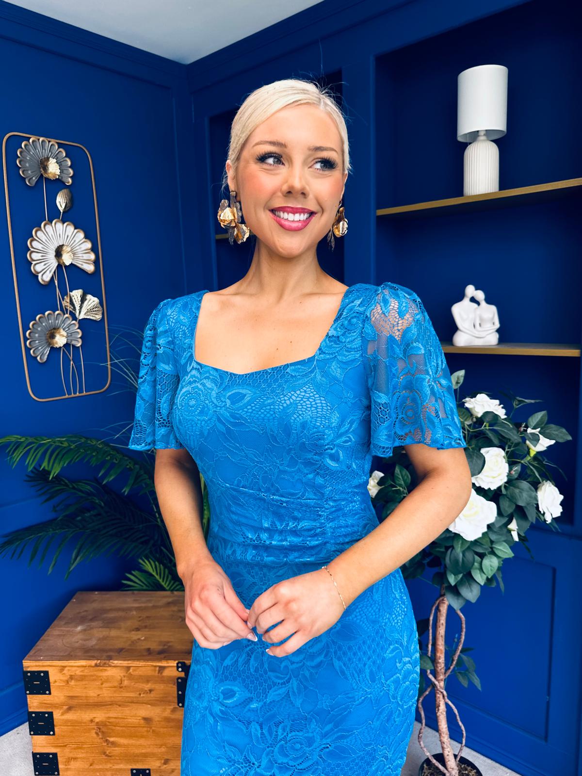 Heidi Lace Detail Ruched Midi Dress Blue
