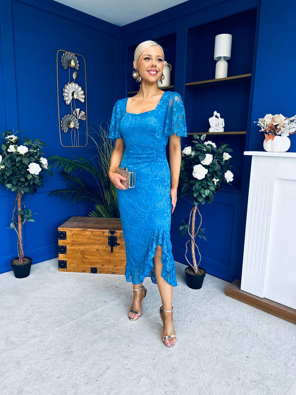 Heidi Lace Detail Ruched Midi Dress Blue