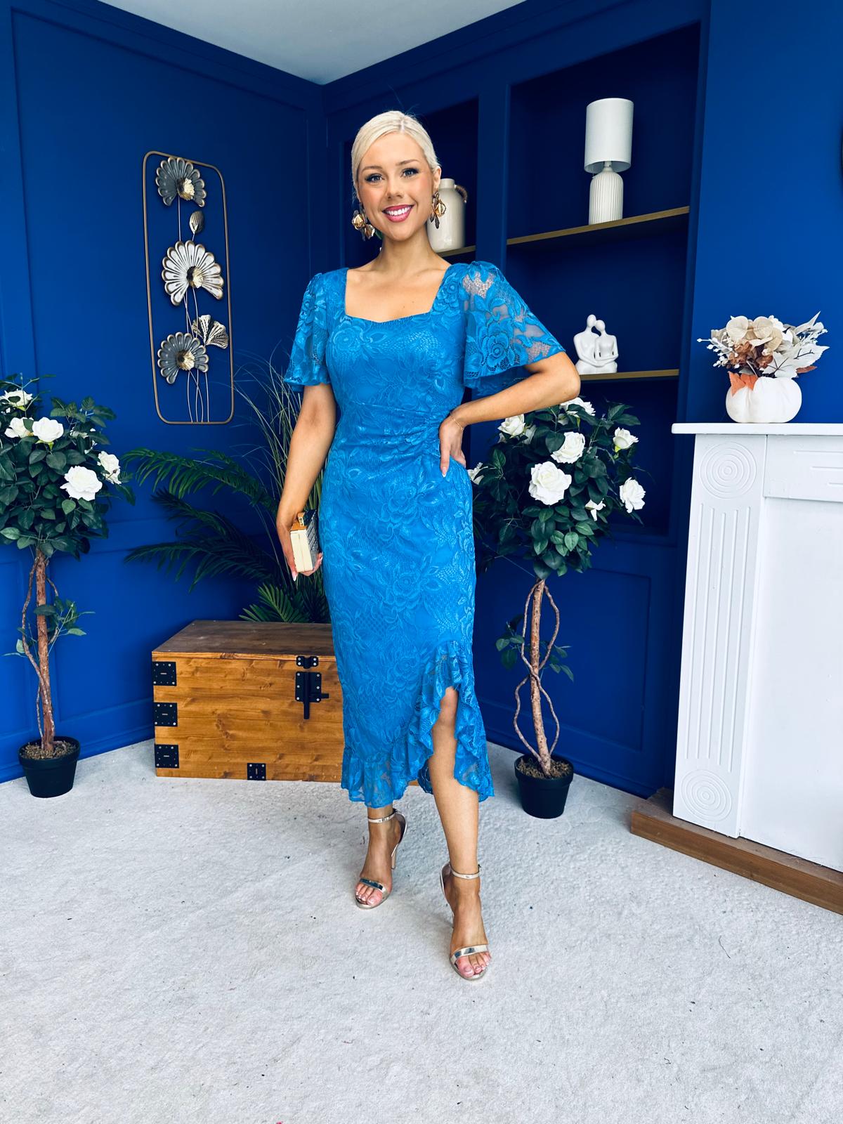 Heidi Lace Detail Ruched Midi Dress Blue