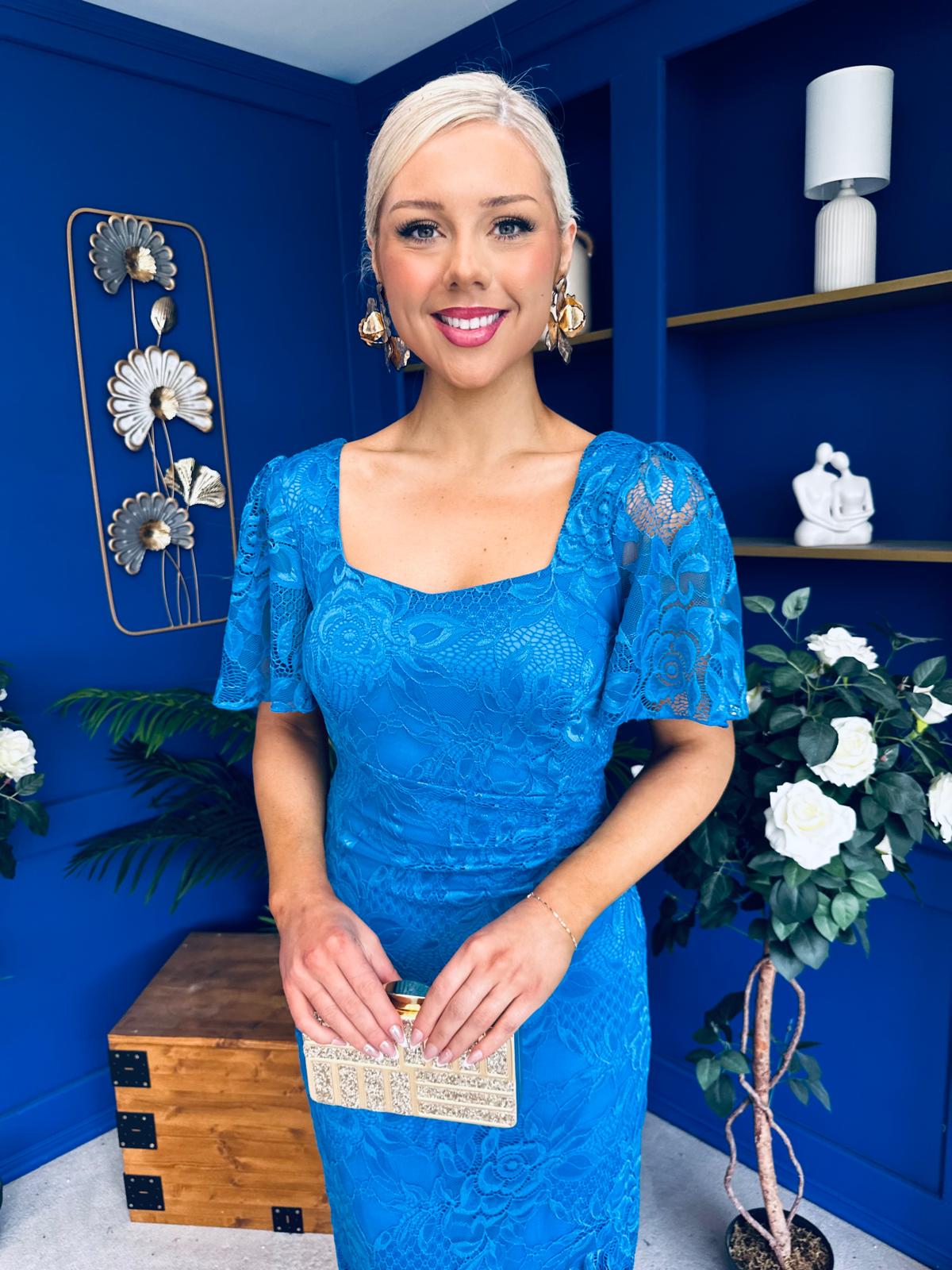 Heidi Lace Detail Ruched Midi Dress Blue