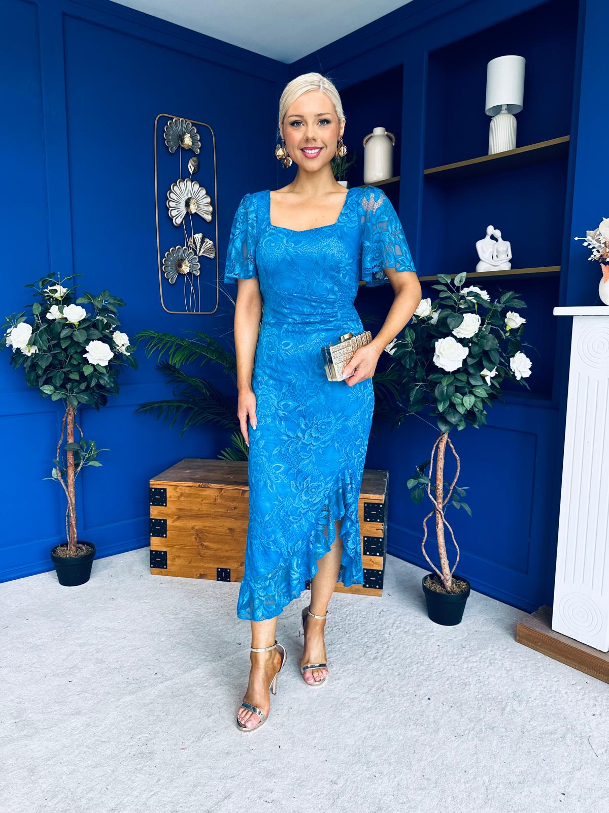 Heidi Lace Detail Ruched Midi Dress Blue