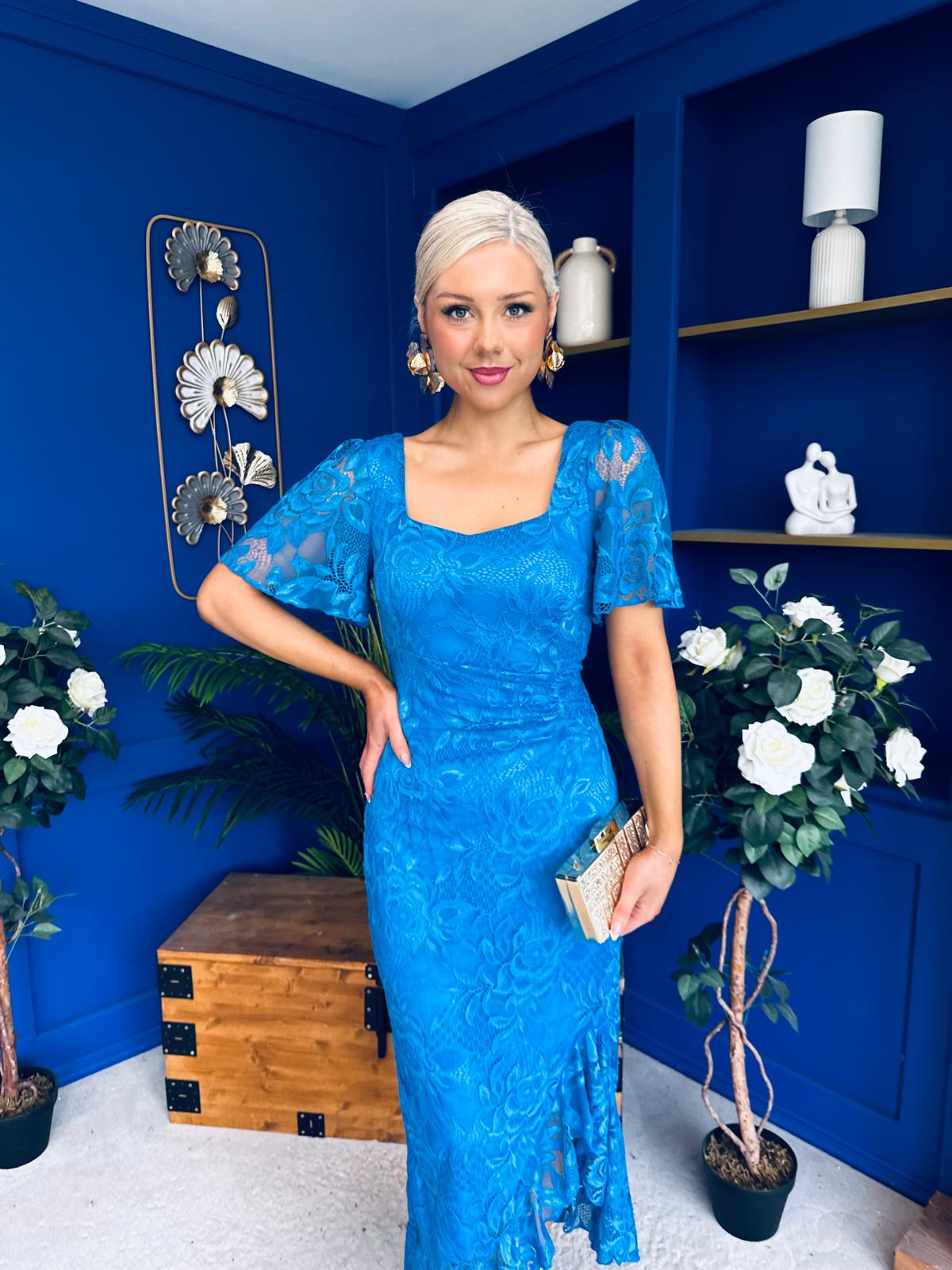 Heidi Lace Detail Ruched Midi Dress Blue