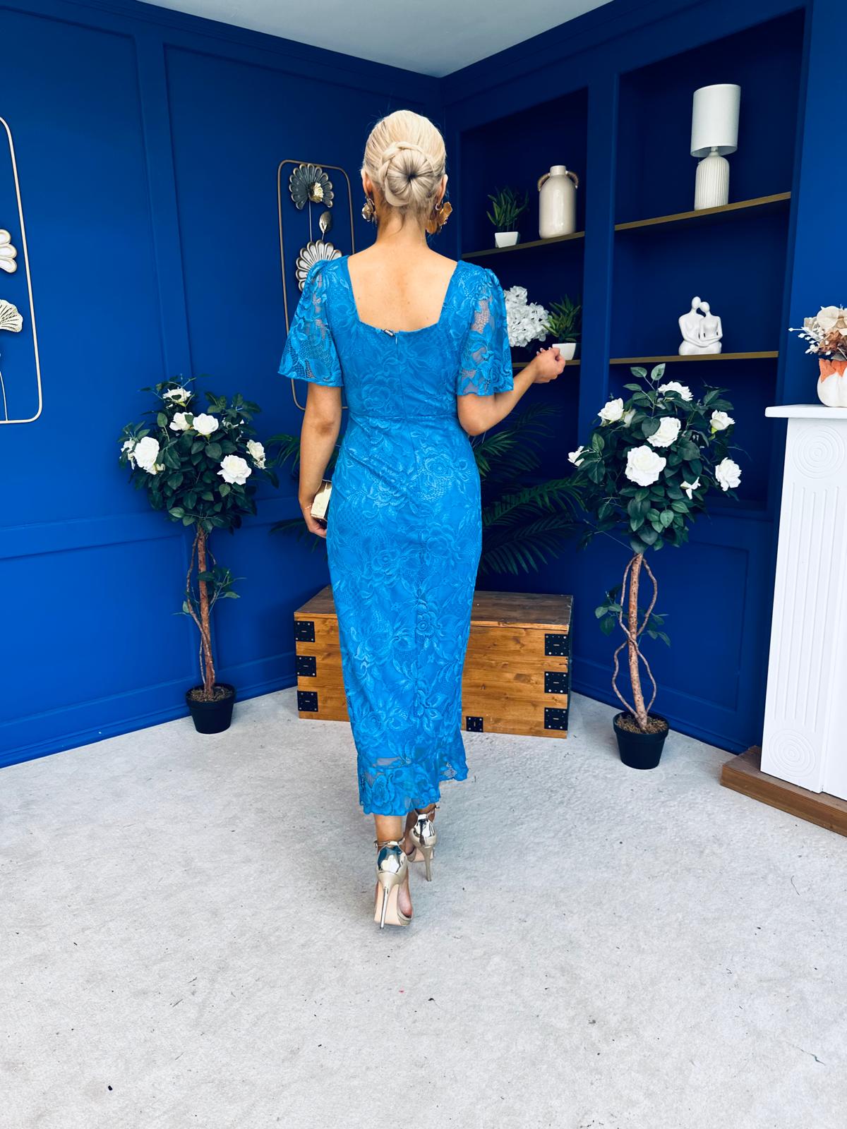 Heidi Lace Detail Ruched Midi Dress Blue