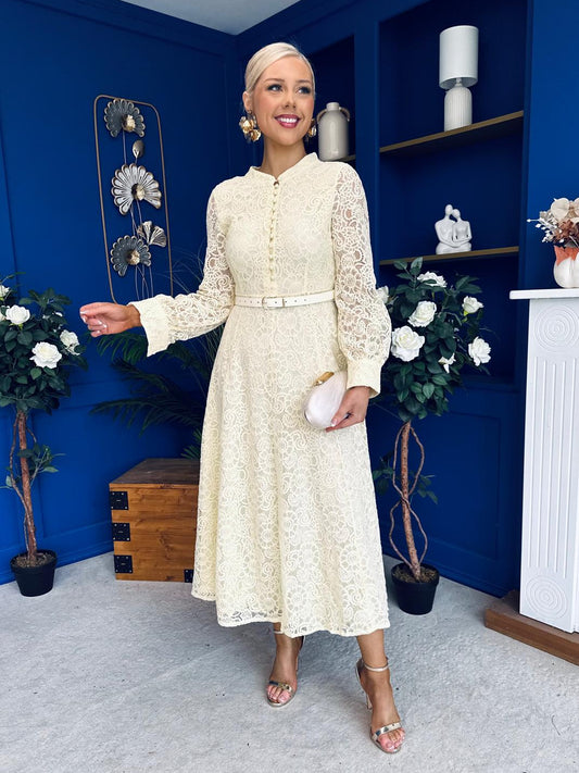 Sheila Lace Detail Occasion Dress Yellow