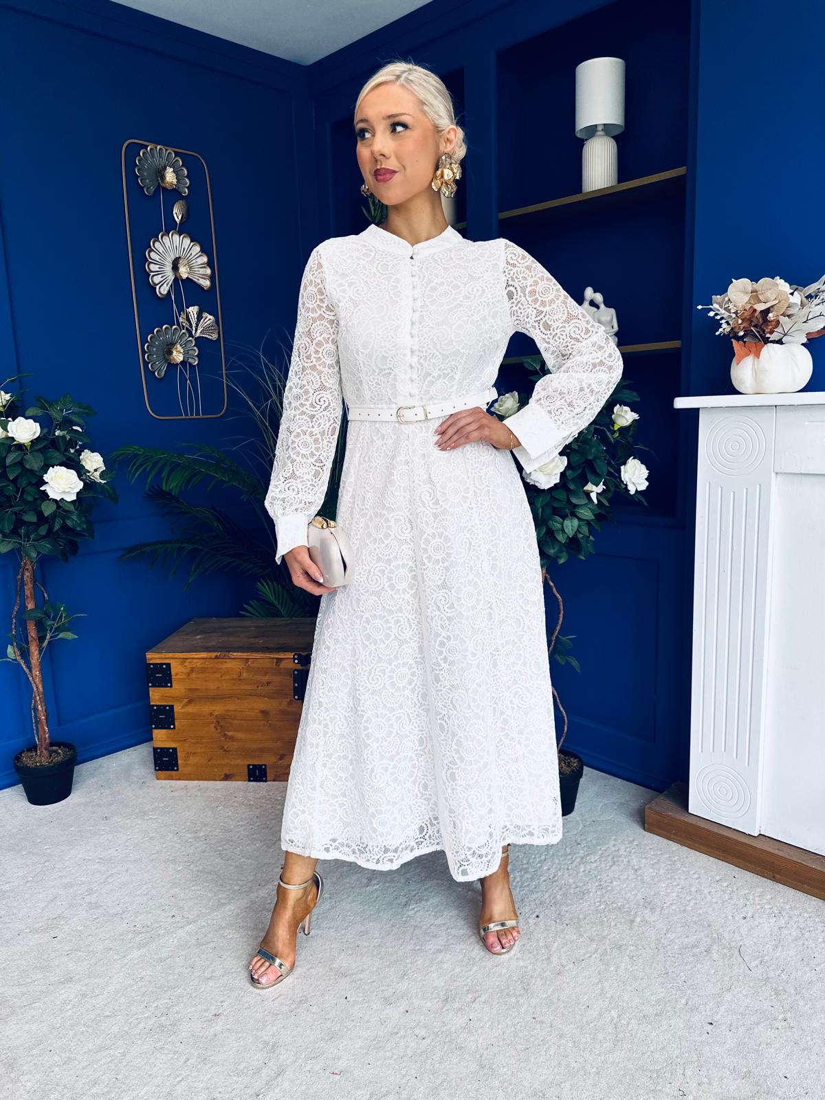 Sheila Lace Detail Occasion Dress White