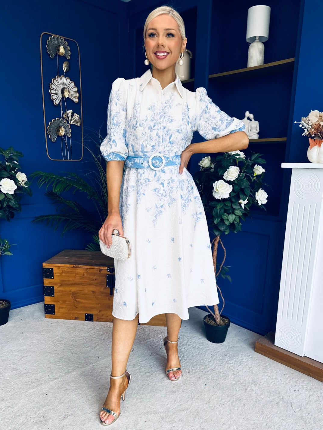 Holland Collar Midi Dress White & Blue