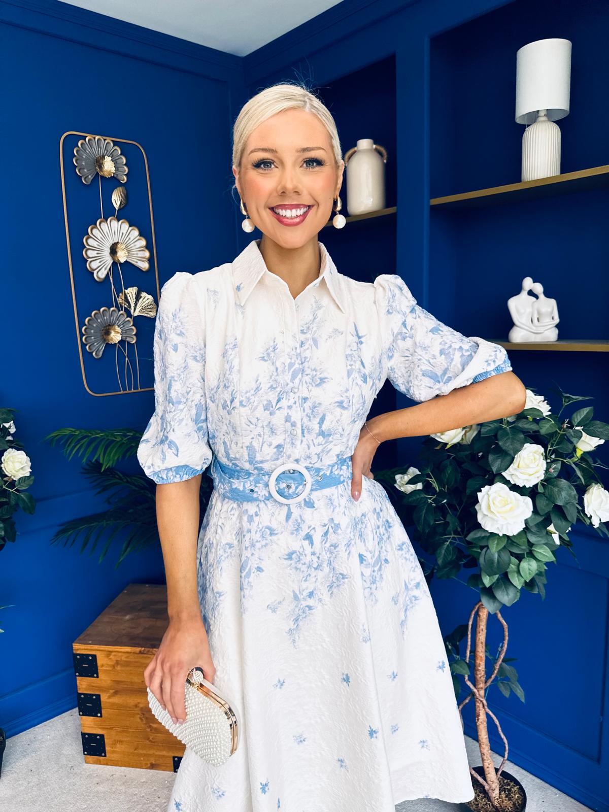 Holland Collar Midi Dress White & Blue