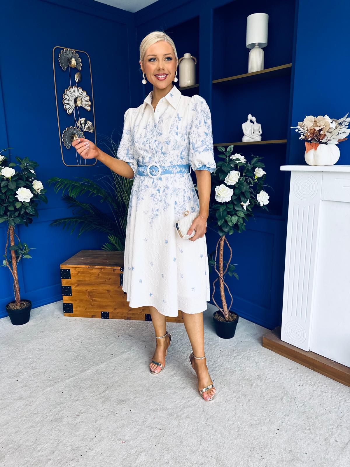 Holland Collar Midi Dress White & Blue