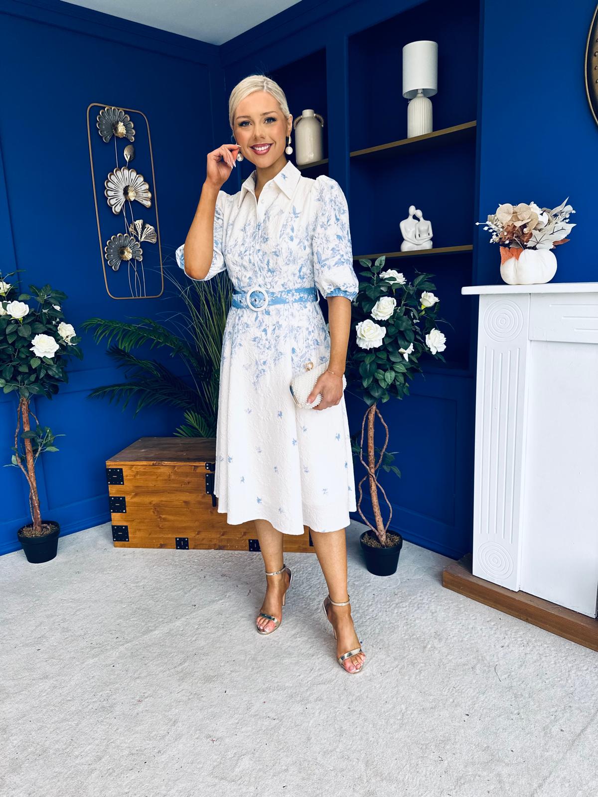 Holland Collar Midi Dress White & Blue