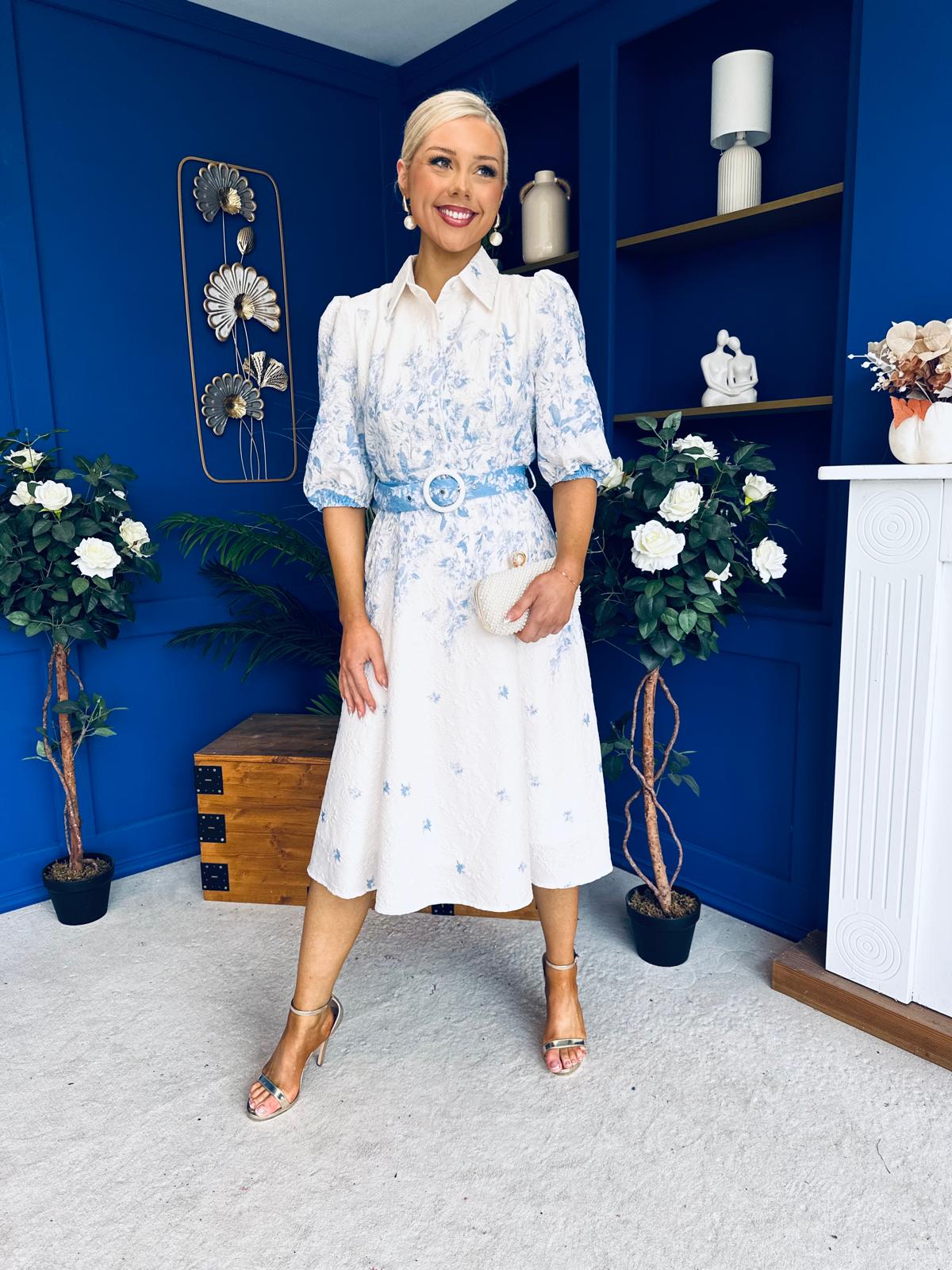 Holland Collar Midi Dress White & Blue