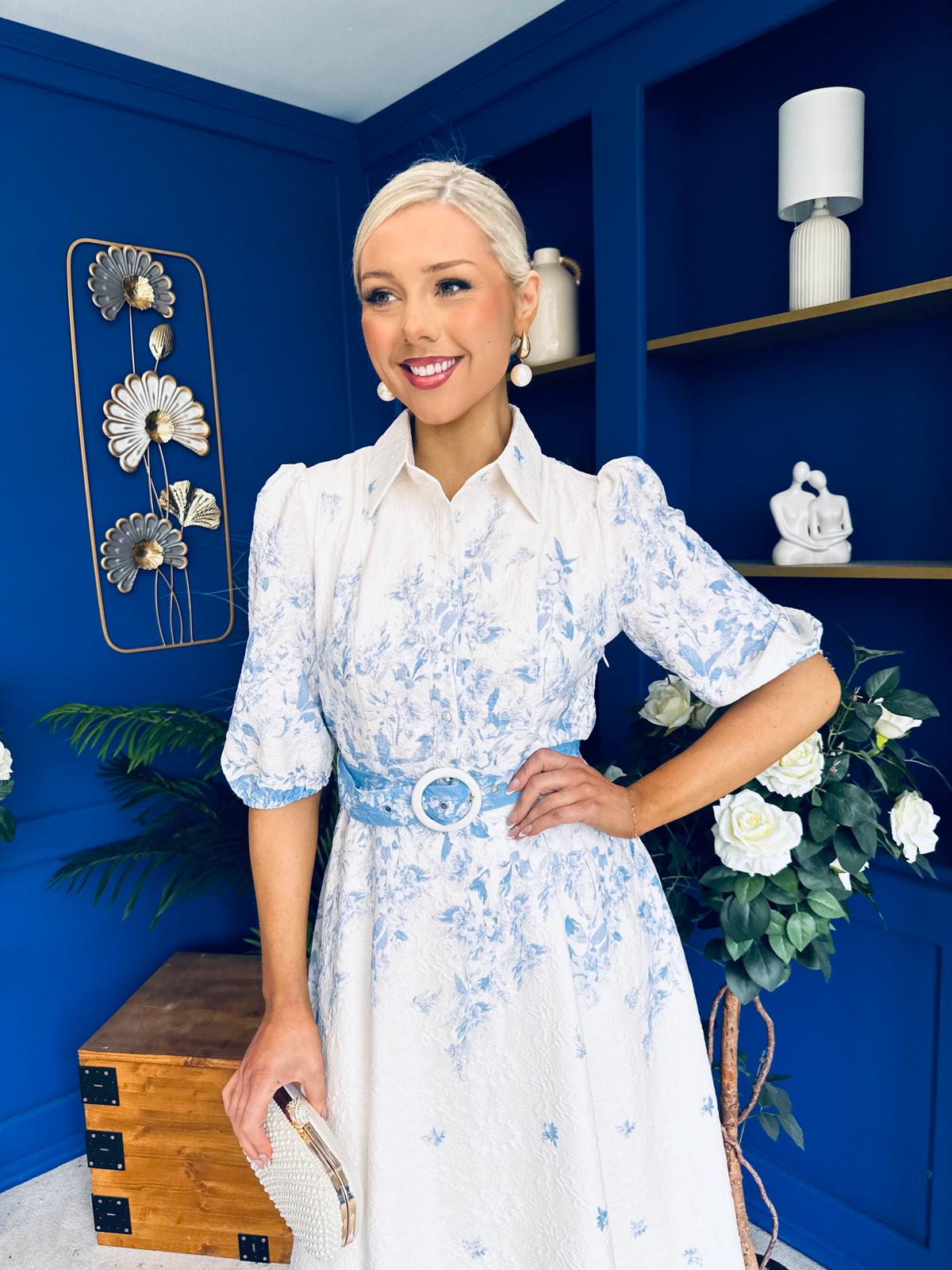 Holland Collar Midi Dress White & Blue
