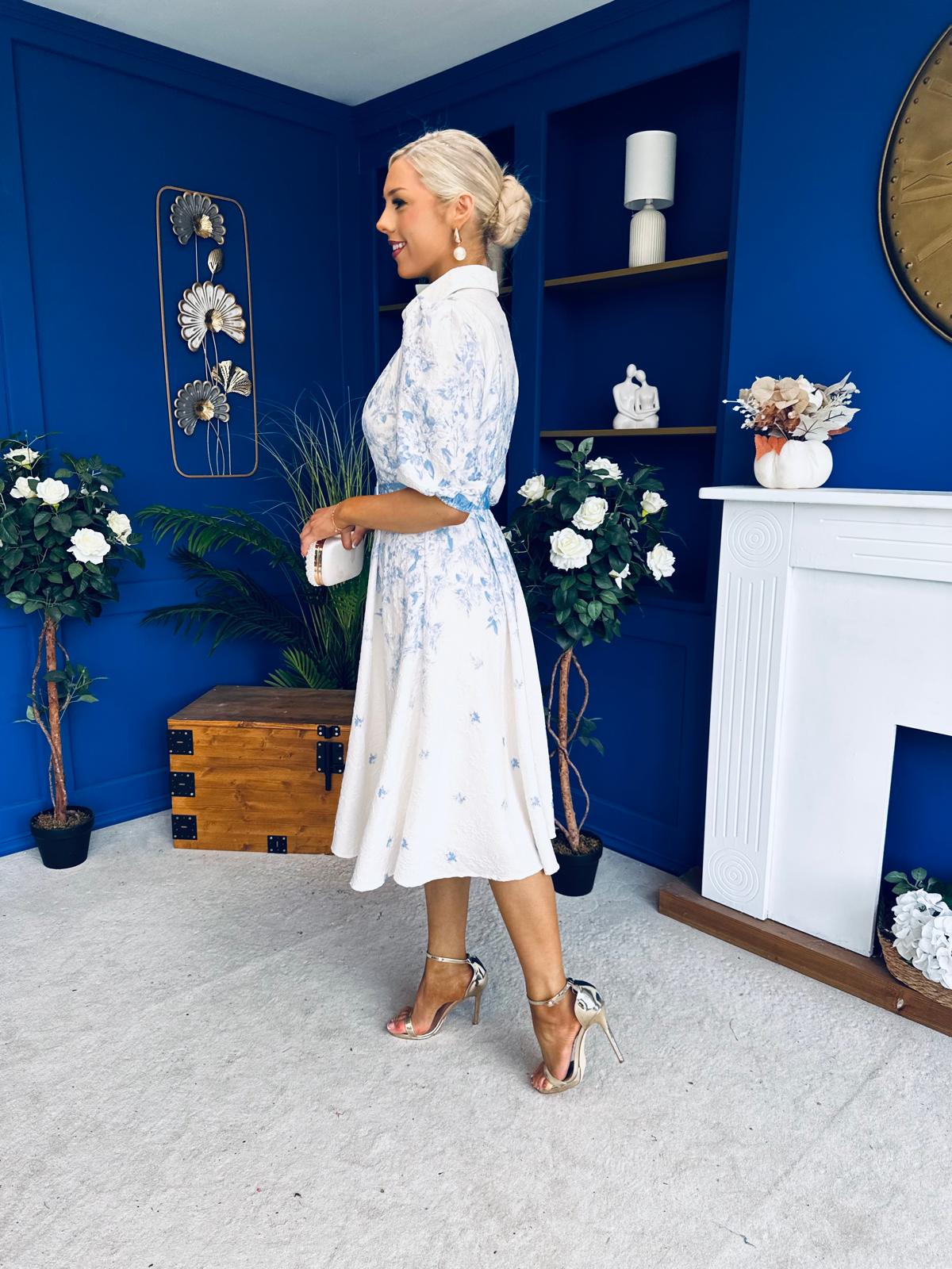 Holland Collar Midi Dress White & Blue