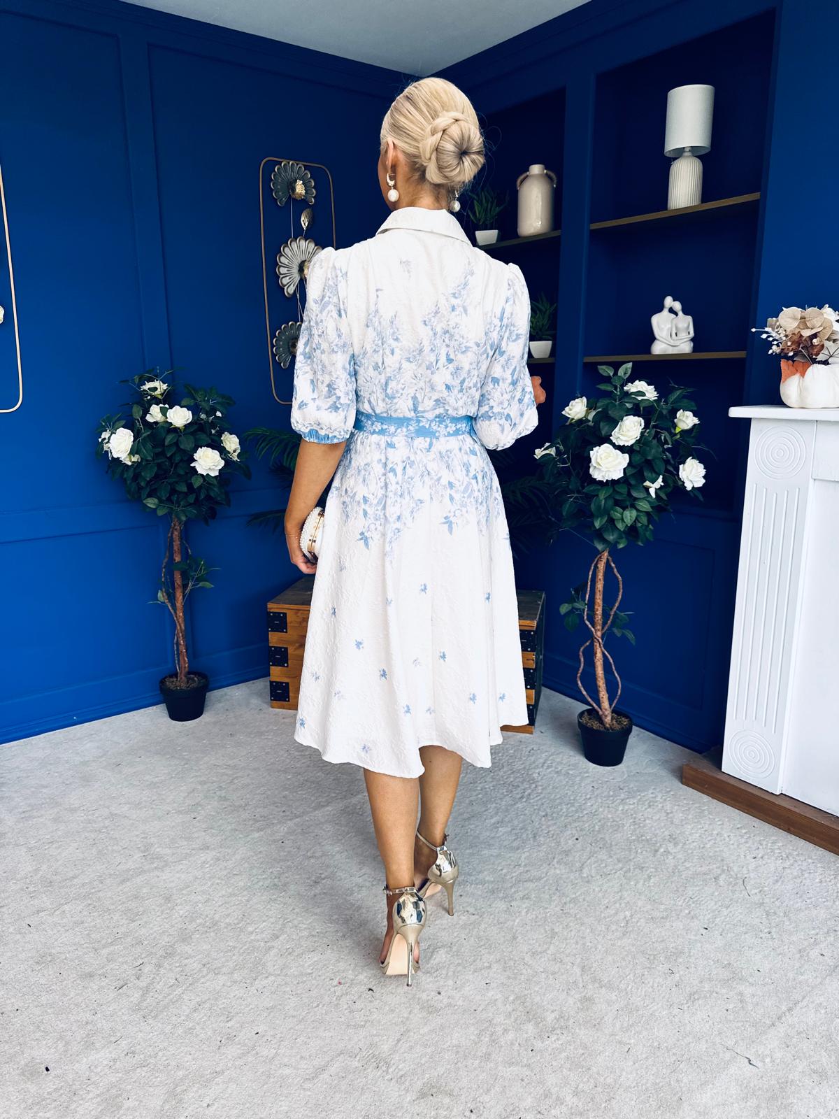 Holland Collar Midi Dress White & Blue