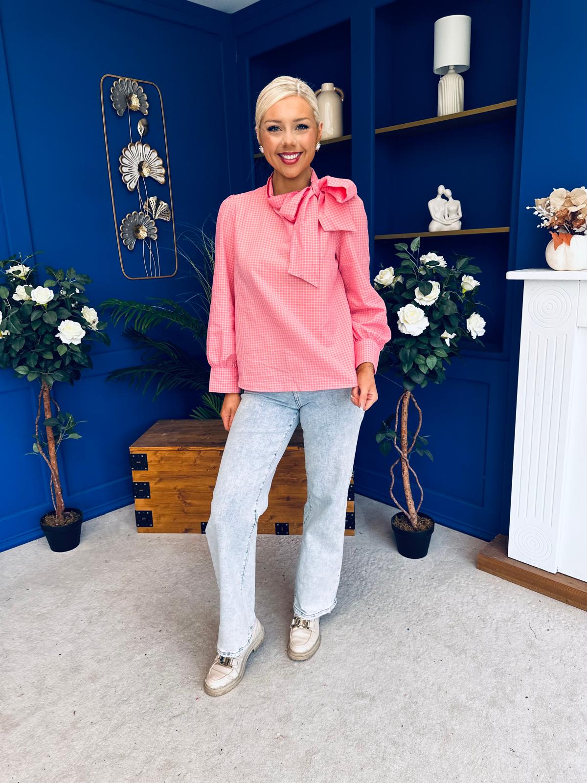 Rita Tie Detail Check Blouse Pink