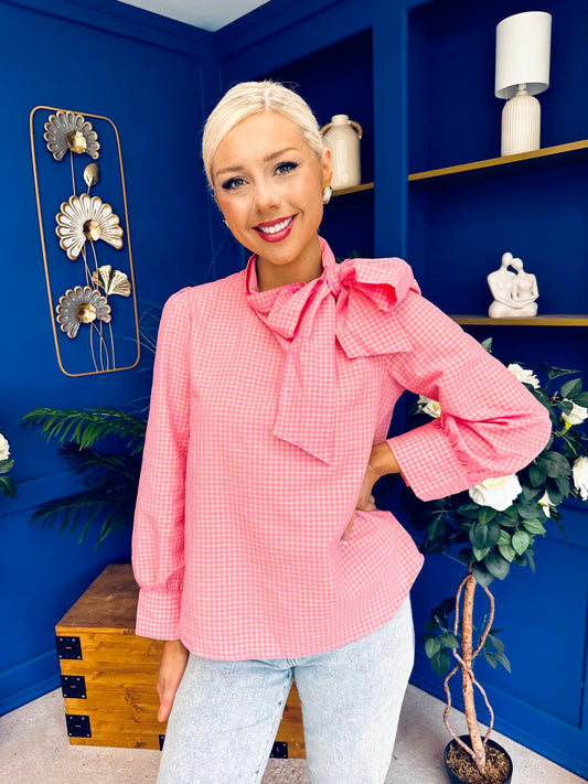 Rita Tie Detail Check Blouse Pink