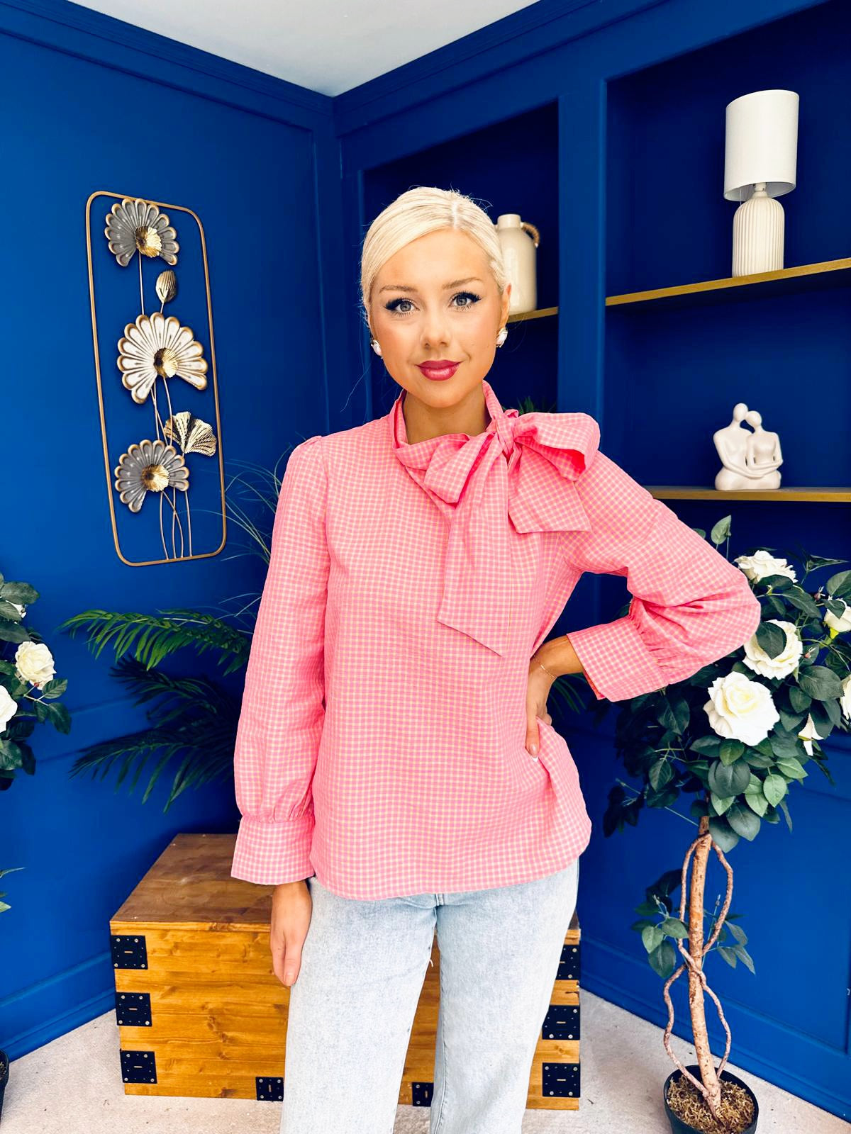Rita Tie Detail Check Blouse Pink