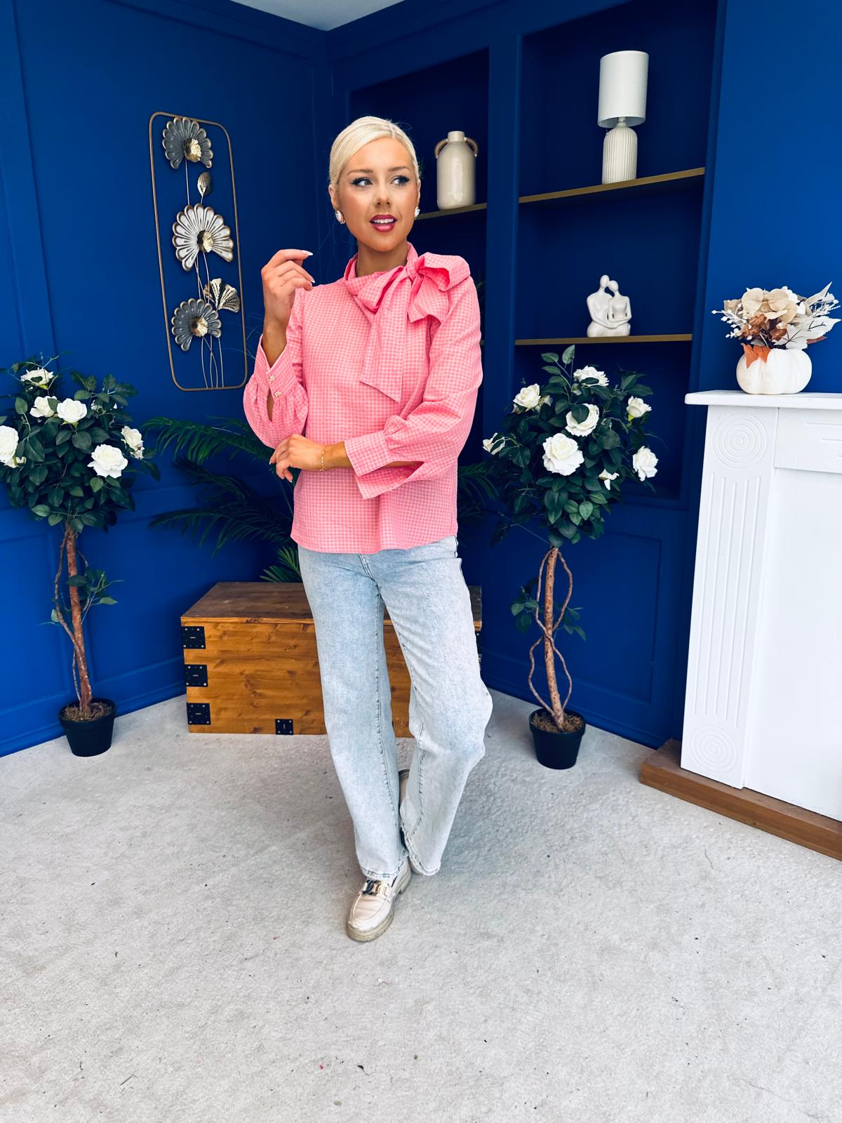 Rita Tie Detail Check Blouse Pink
