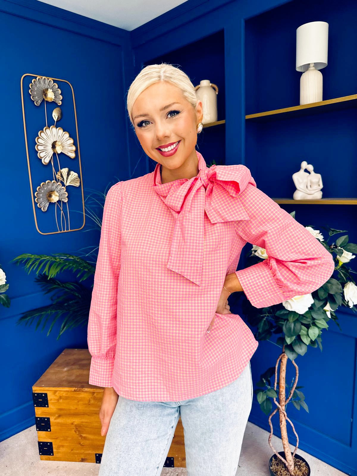 Rita Tie Detail Check Blouse Pink