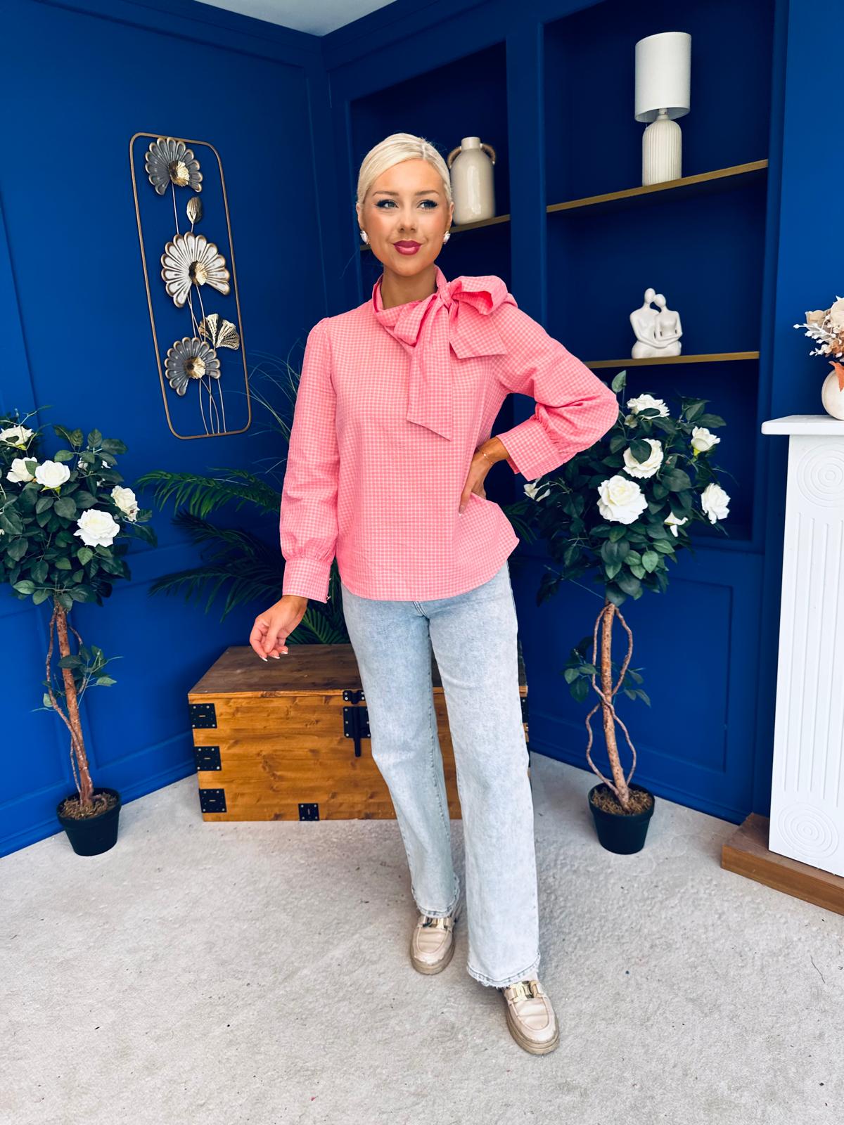 Rita Tie Detail Check Blouse Pink