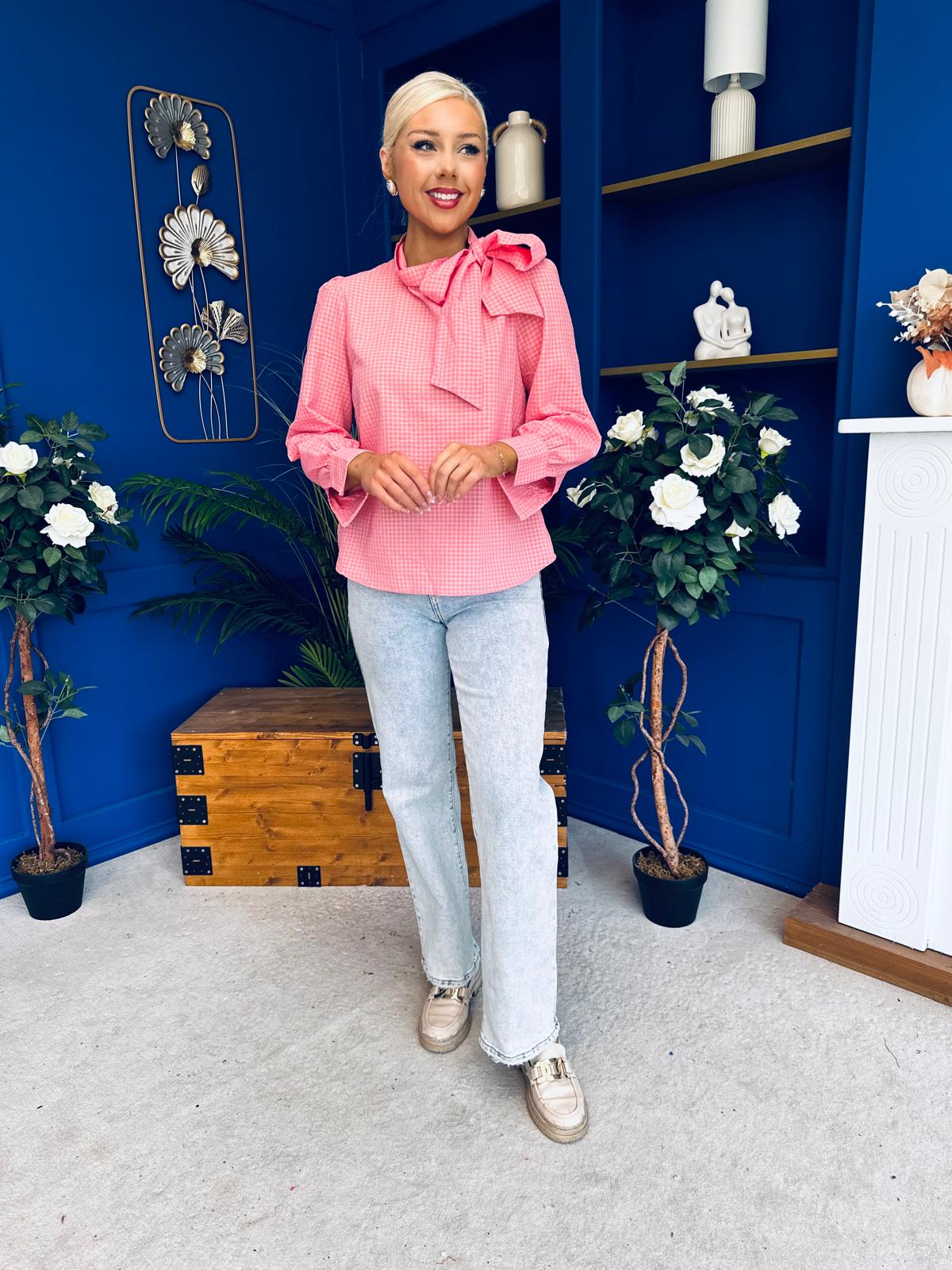 Rita Tie Detail Check Blouse Pink