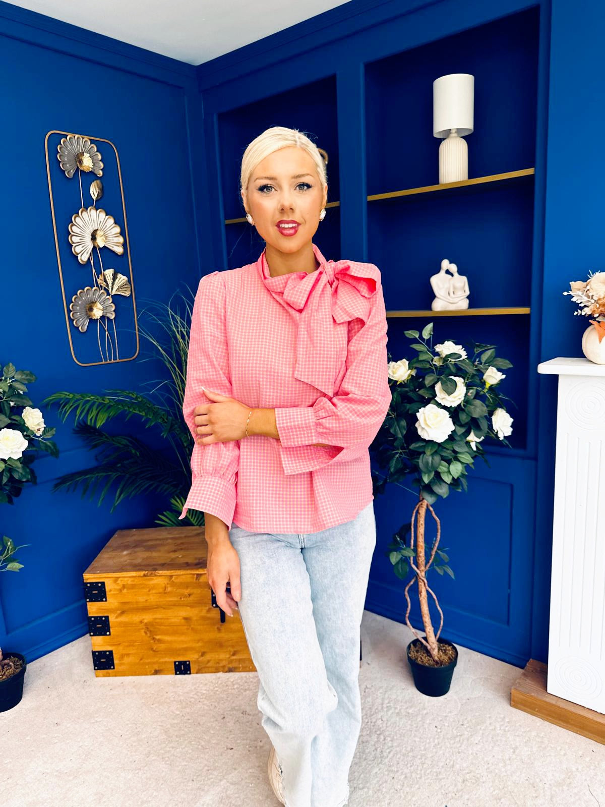 Rita Tie Detail Check Blouse Pink