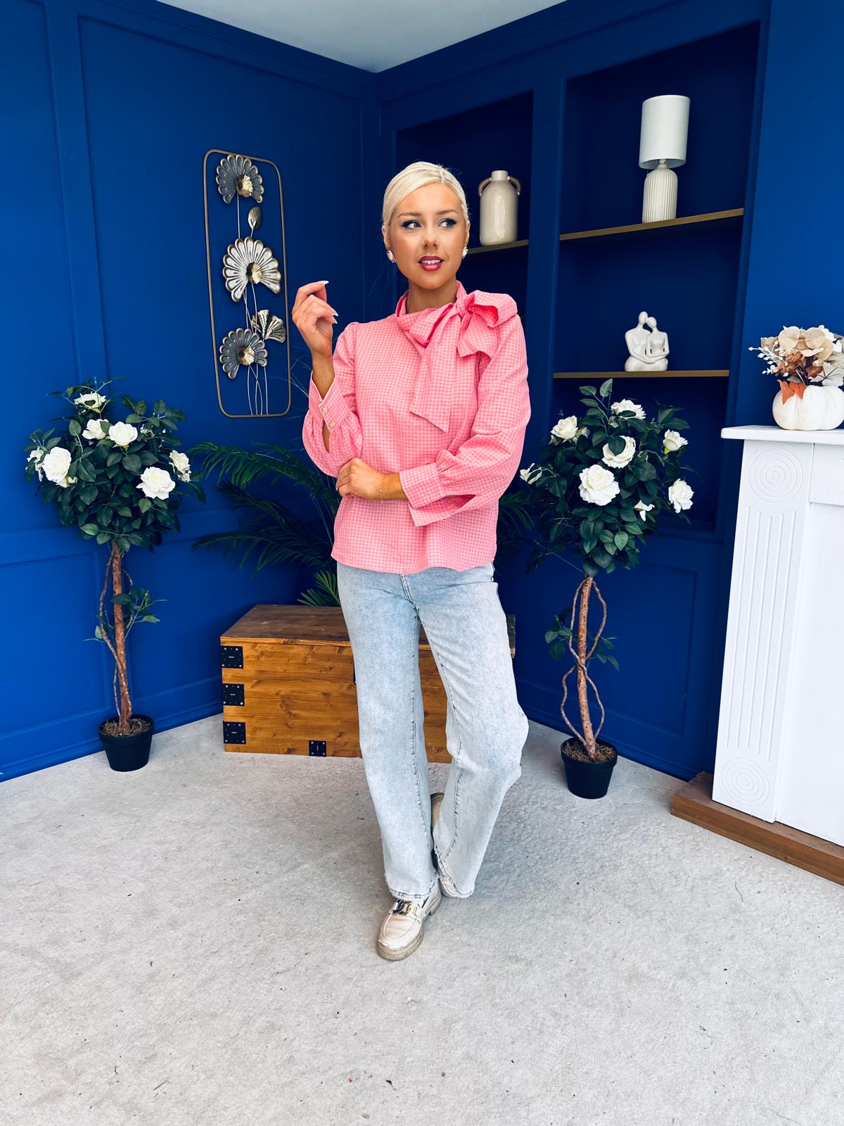 Rita Tie Detail Check Blouse Pink