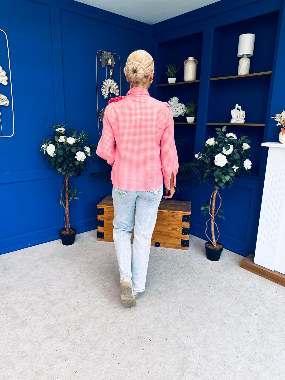Rita Tie Detail Check Blouse Pink