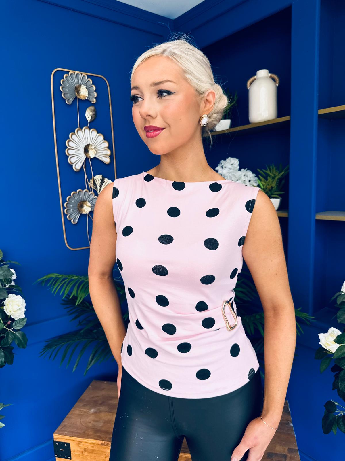 Steph Gold Clasp Polka Top Pwr Pink