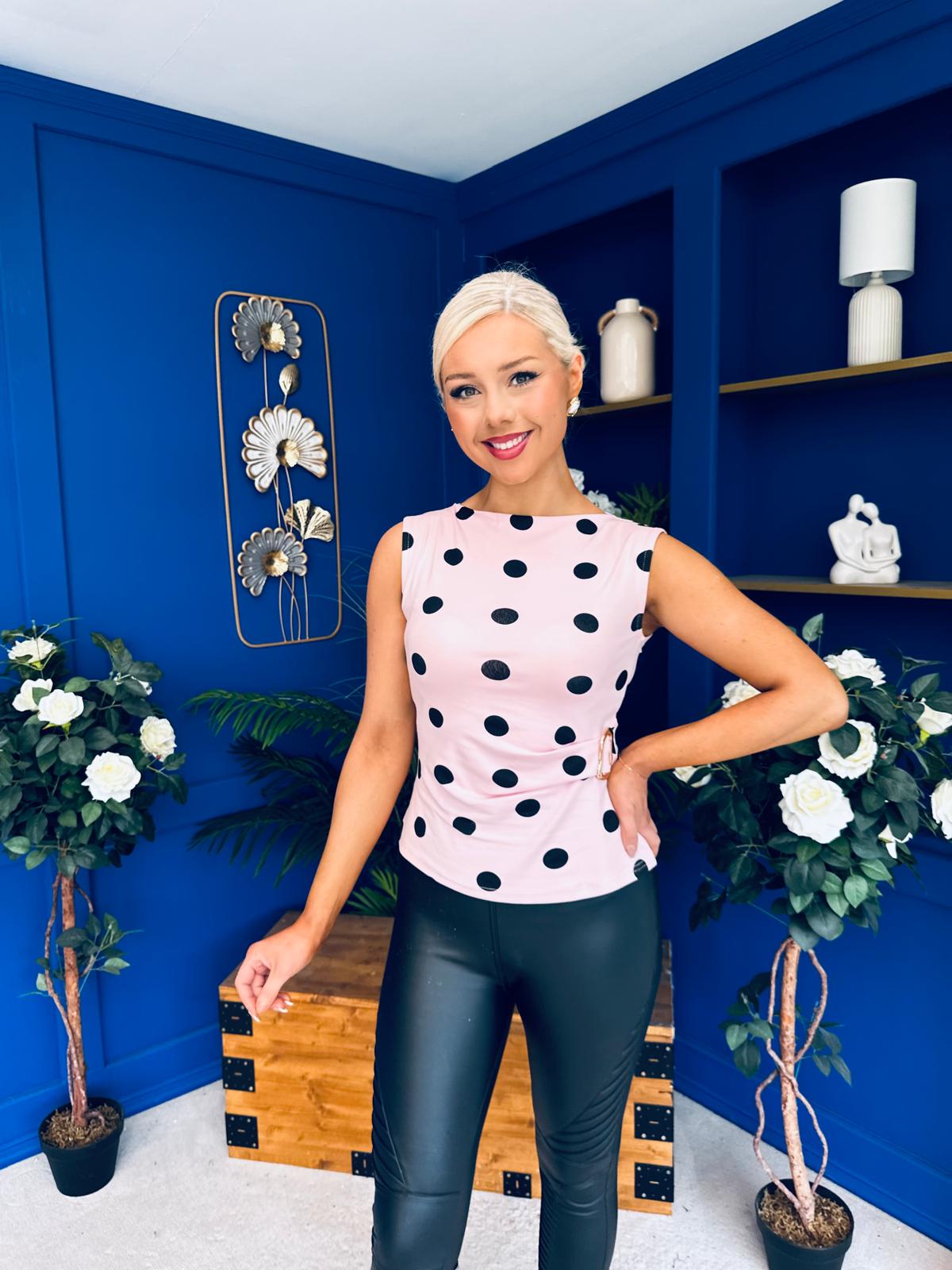 Steph Gold Clasp Polka Top Pwr Pink