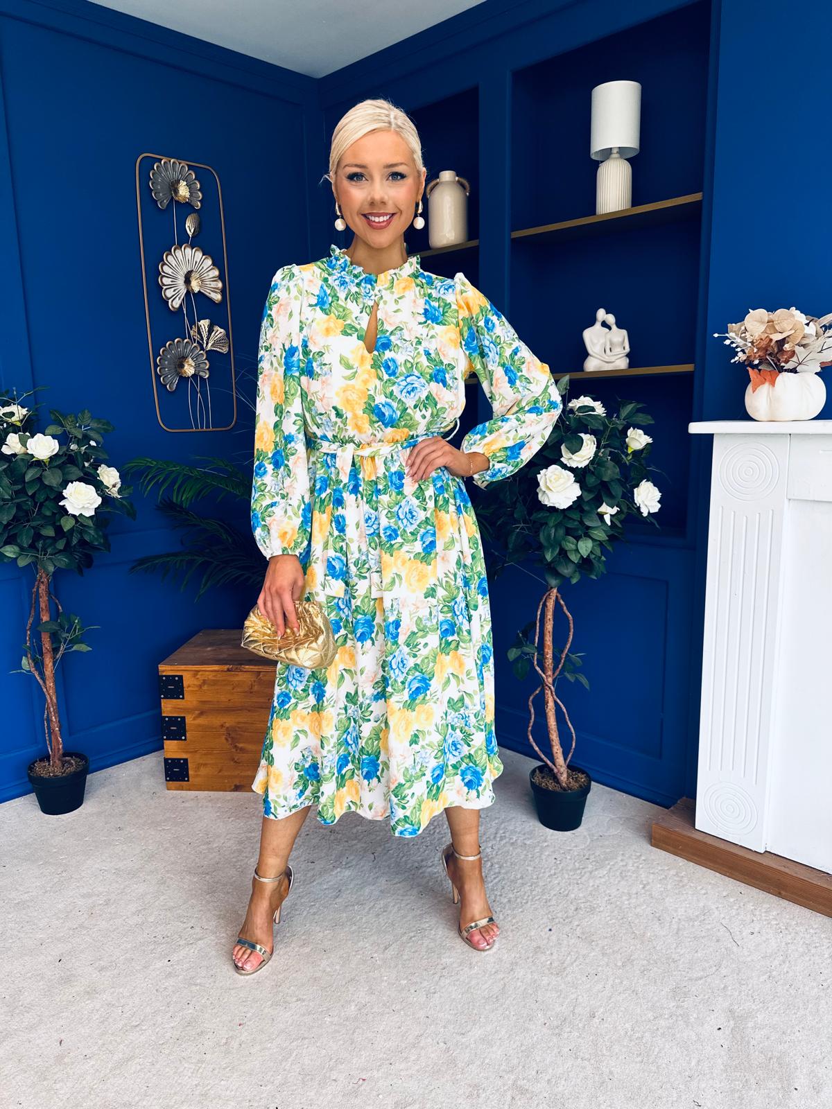 Meghan High Neck Midi Dress Floral Green