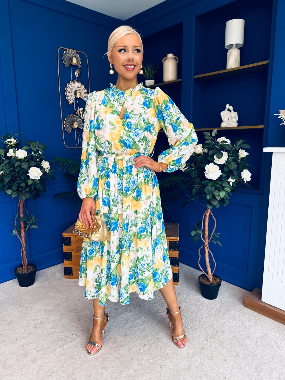 Meghan High Neck Midi Dress Floral Green