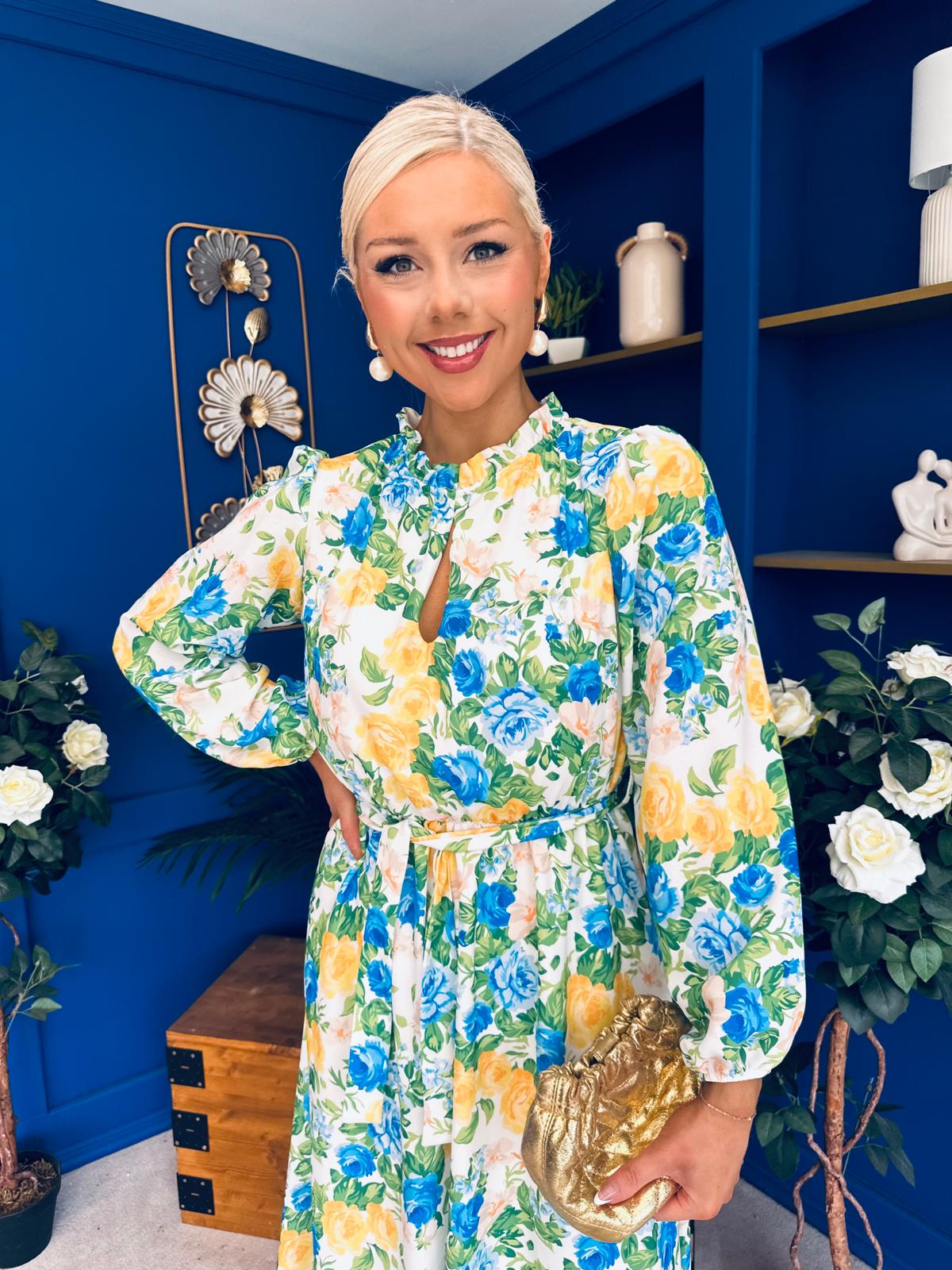 Meghan High Neck Midi Dress Floral Green
