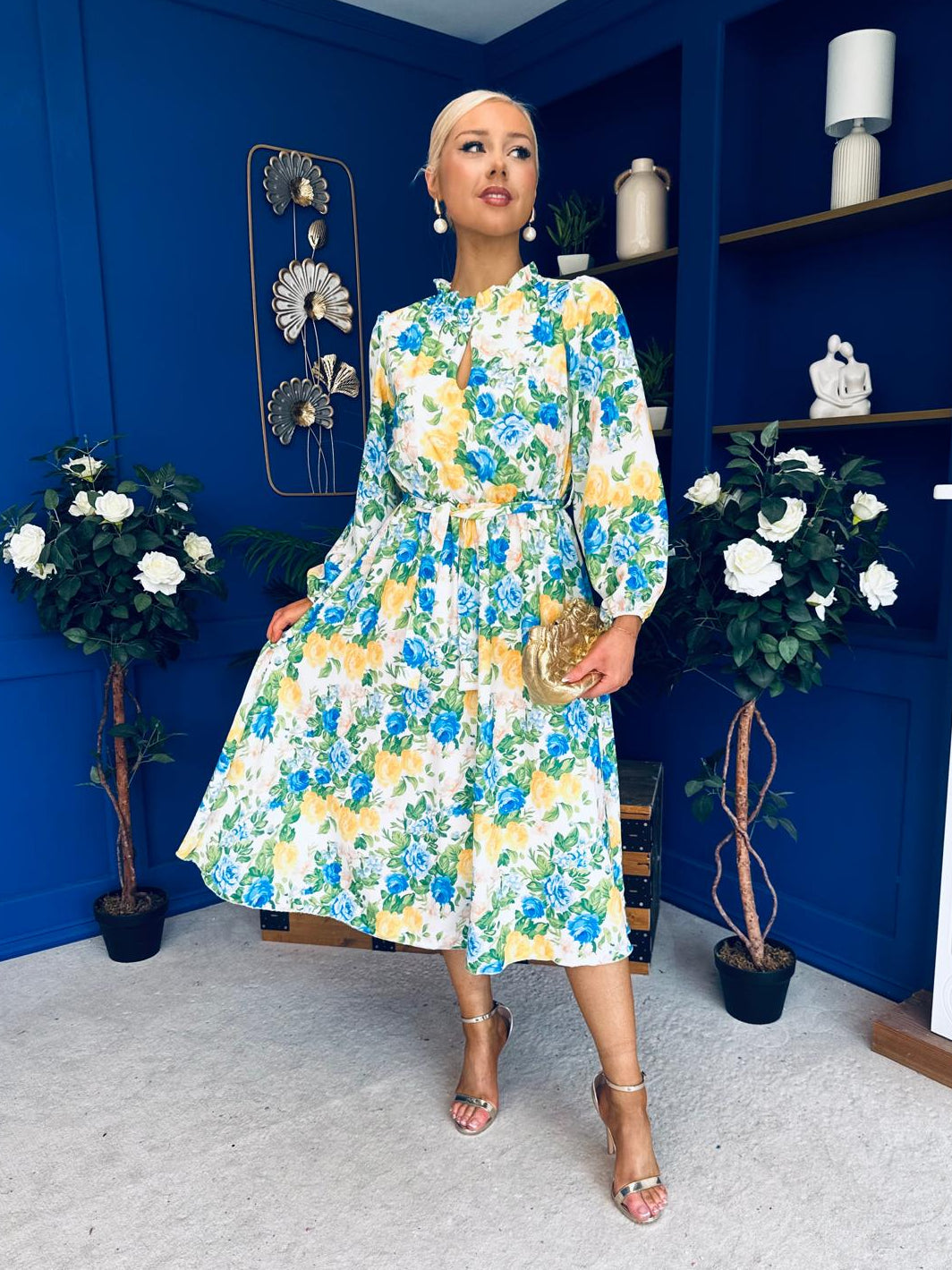 Meghan High Neck Midi Dress Floral Green