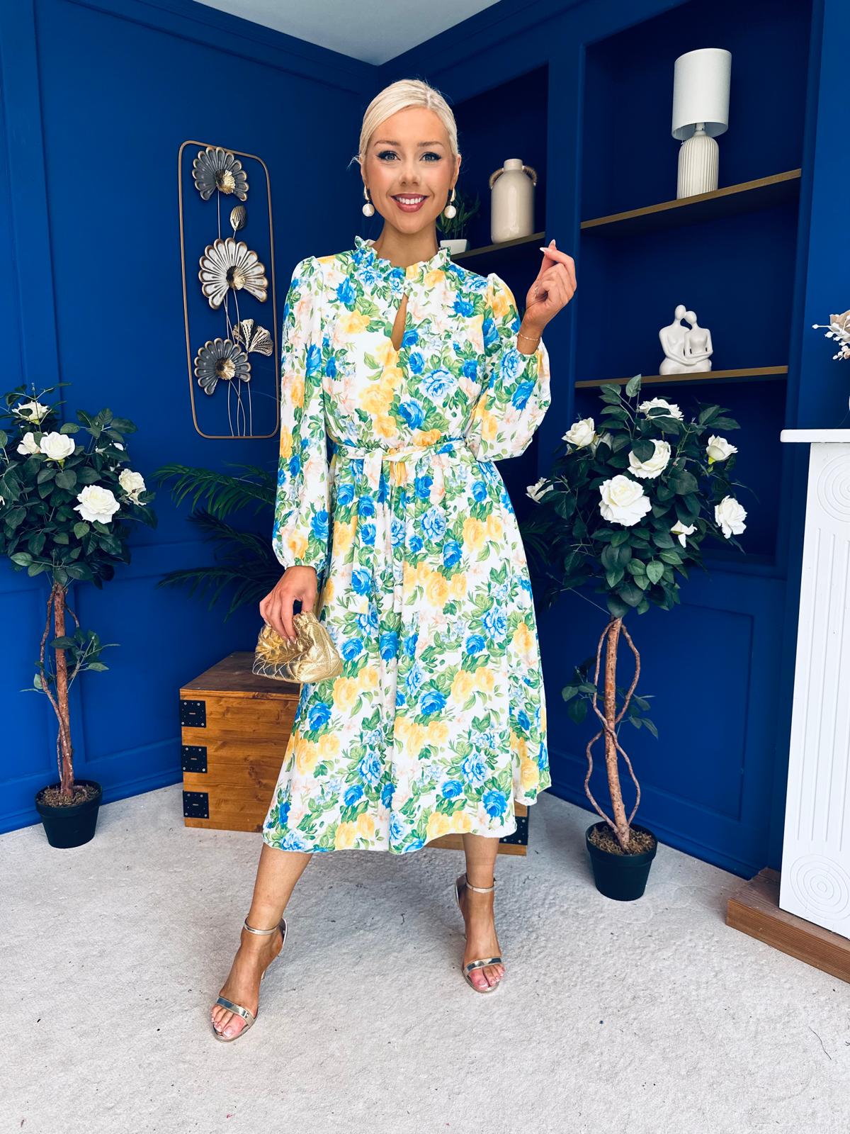 Meghan High Neck Midi Dress Floral Green