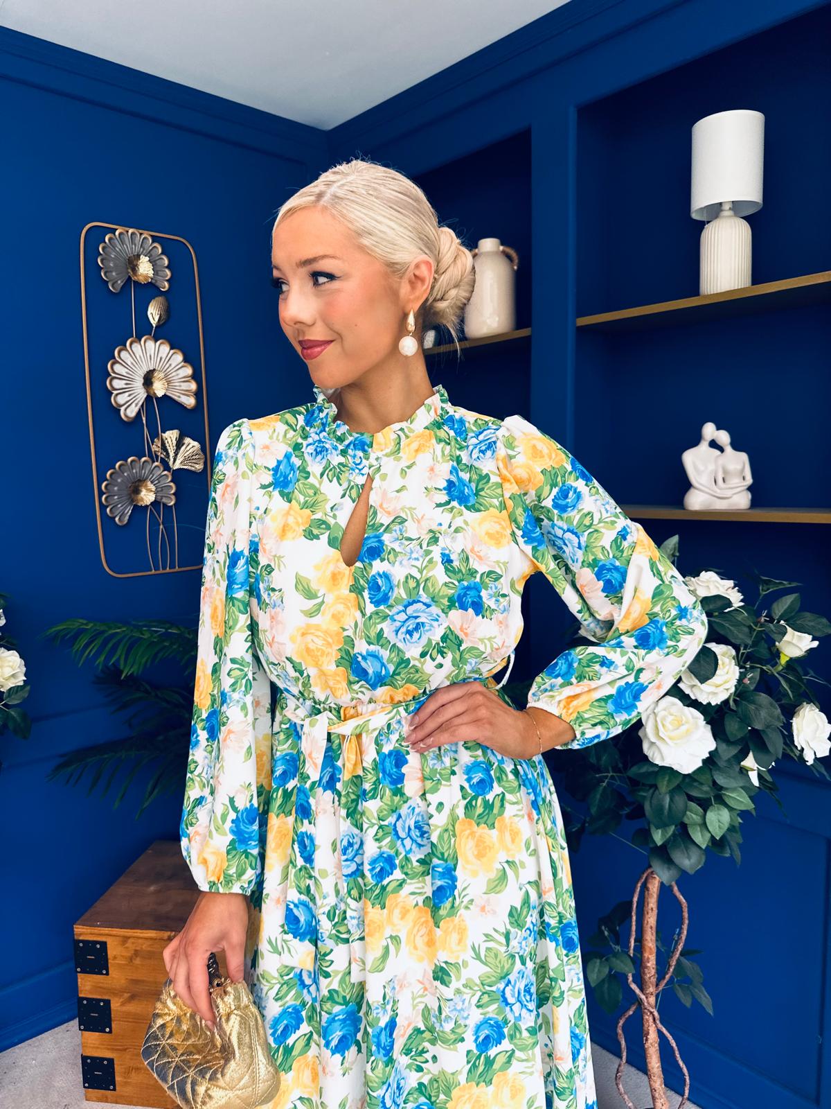 Meghan High Neck Midi Dress Floral Green