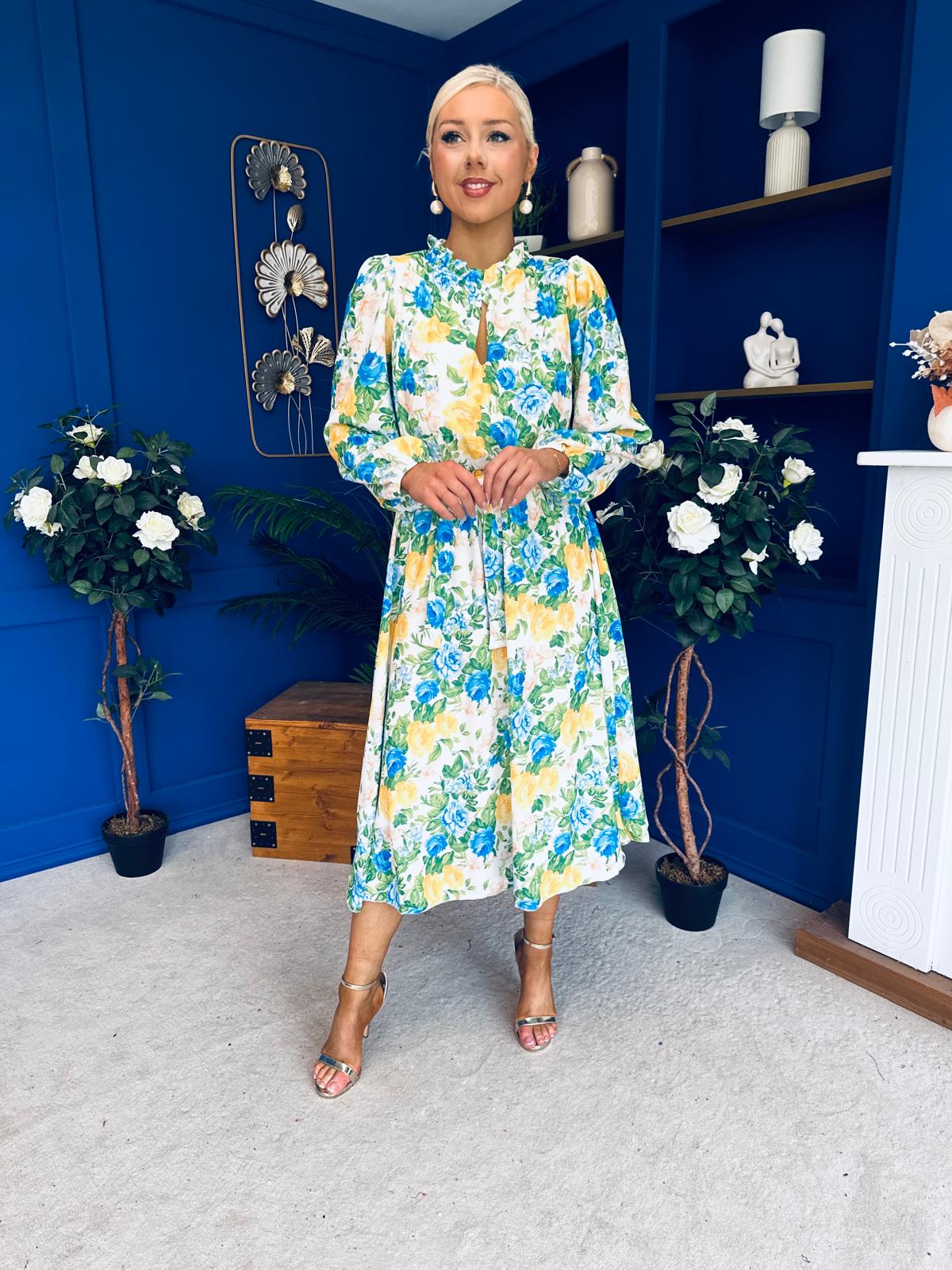 Meghan High Neck Midi Dress Floral Green