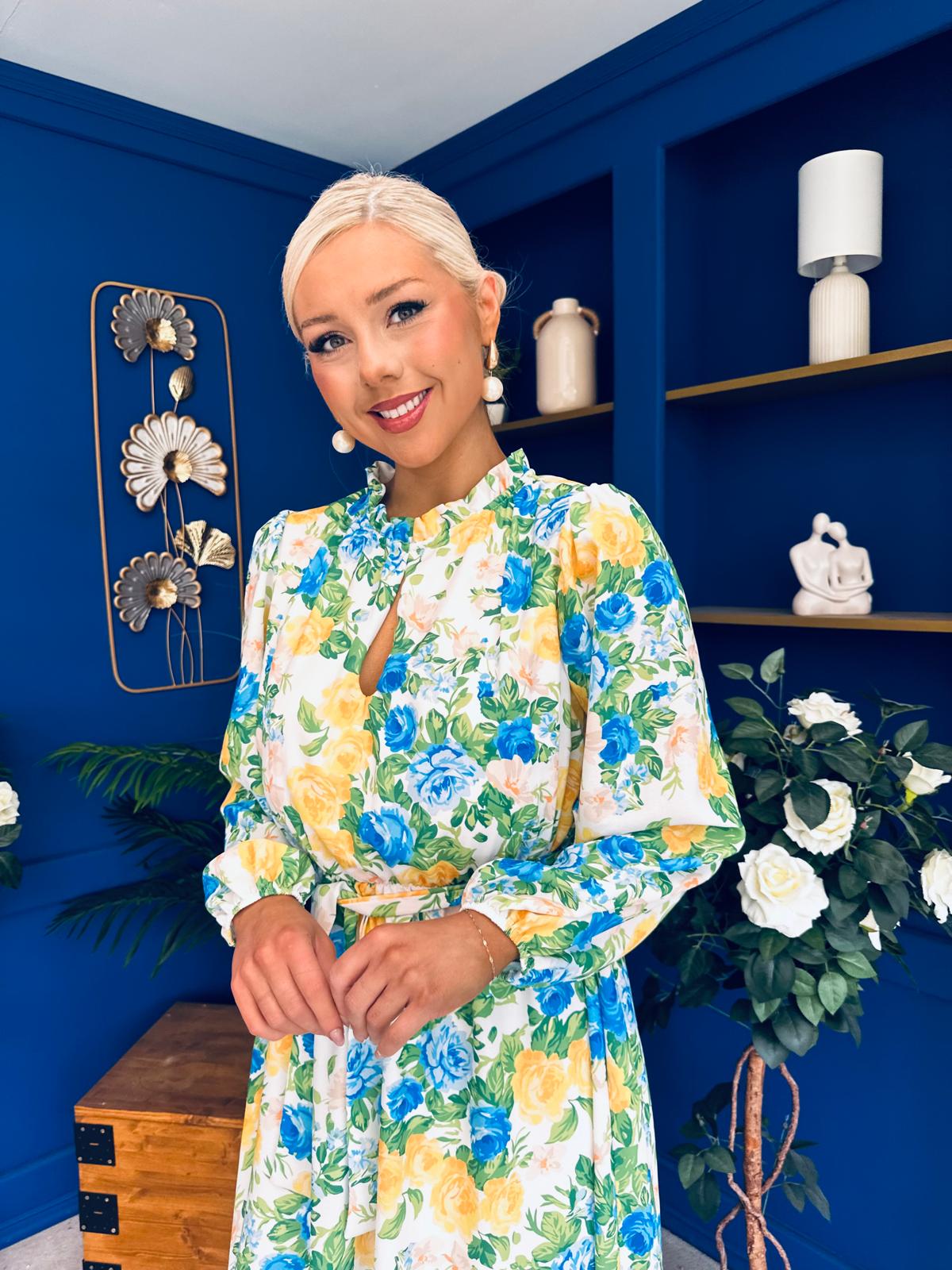 Meghan High Neck Midi Dress Floral Green