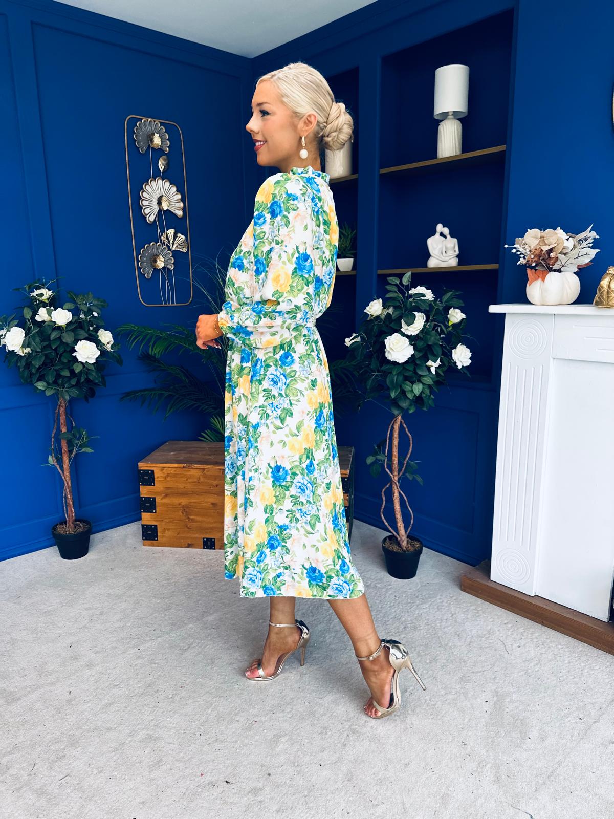 Meghan High Neck Midi Dress Floral Green