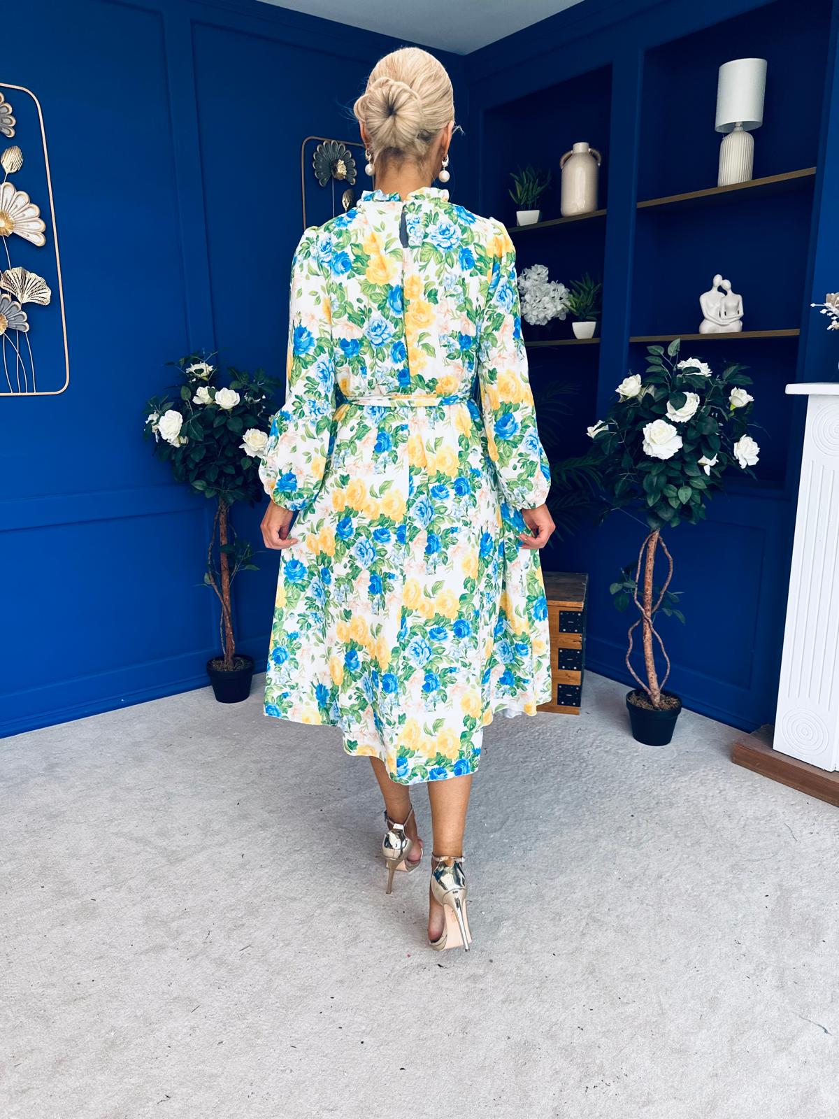 Meghan High Neck Midi Dress Floral Green