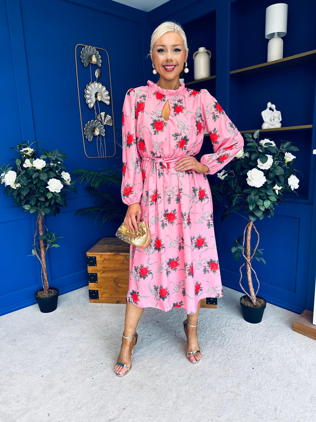 Meghan High Neck Midi Dress Pink Rose