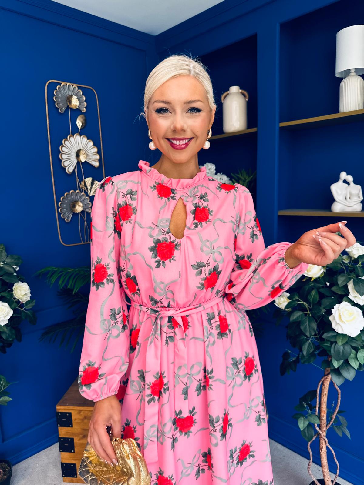 Meghan High Neck Midi Dress Pink Rose