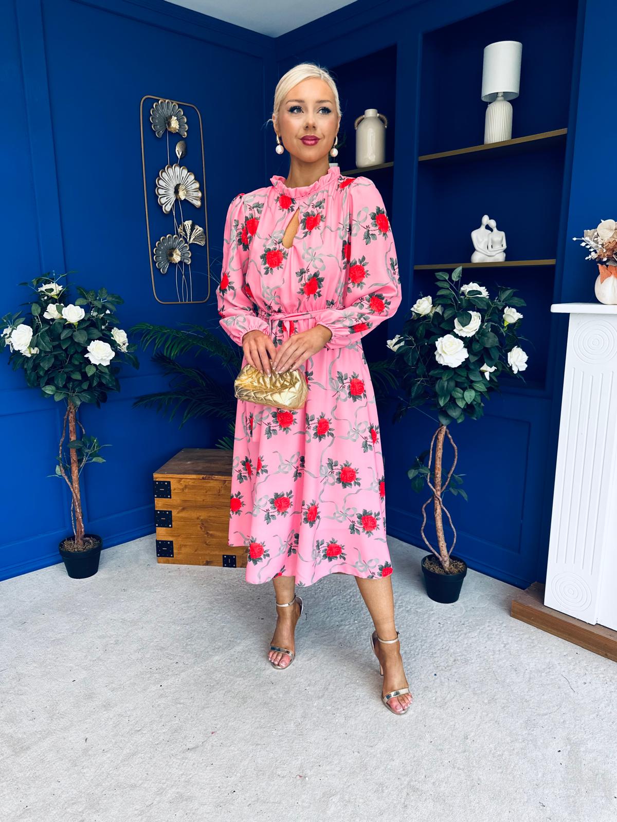 Meghan High Neck Midi Dress Pink Rose