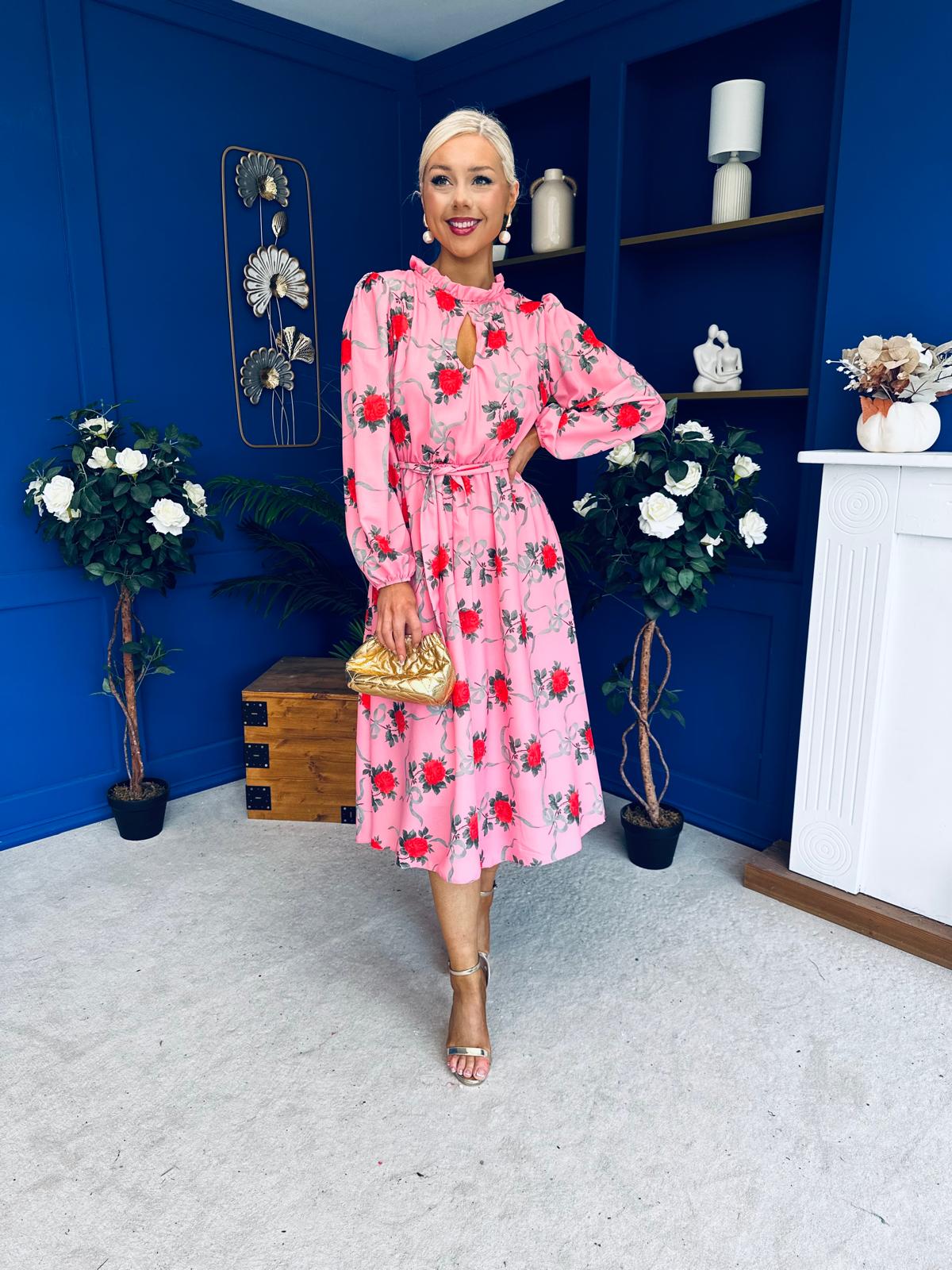 Meghan High Neck Midi Dress Pink Rose