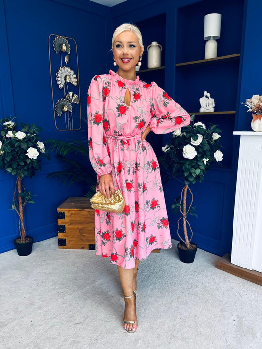 Meghan High Neck Midi Dress Pink Rose