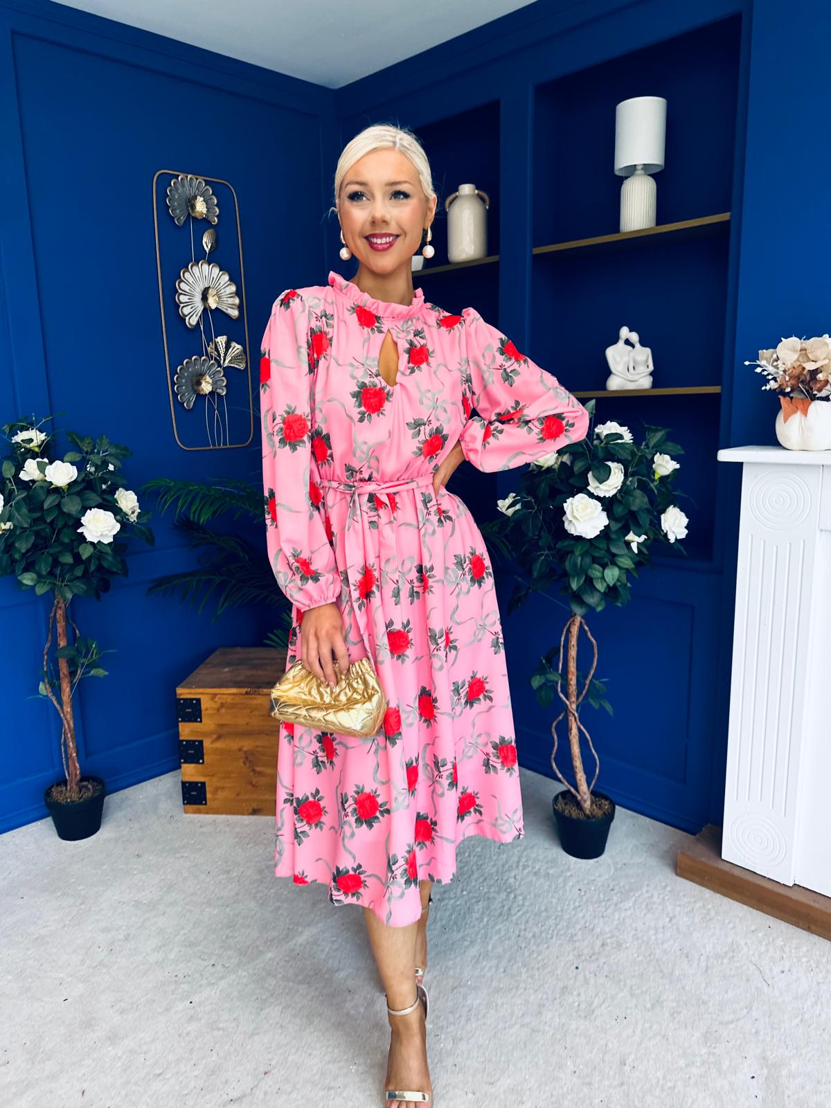 Meghan High Neck Midi Dress Pink Rose