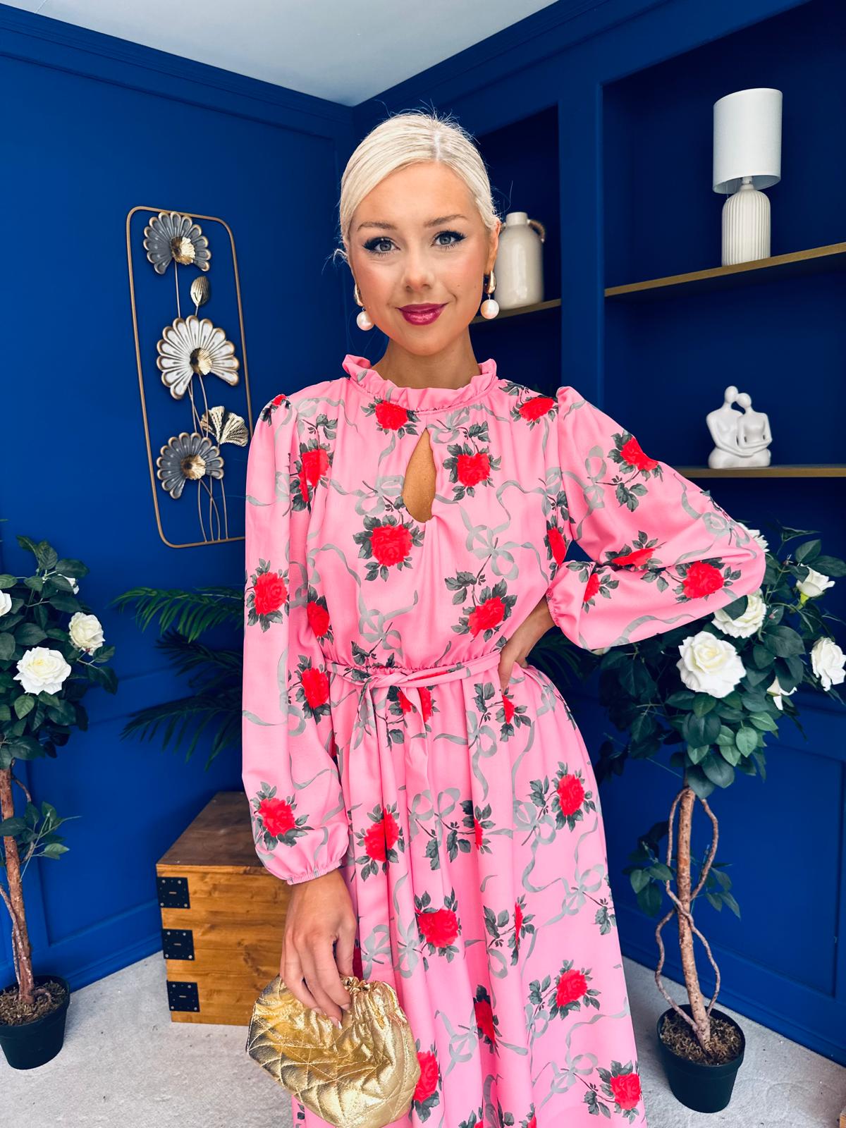 Meghan High Neck Midi Dress Pink Rose