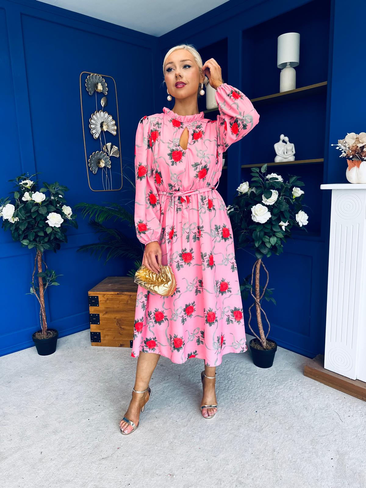 Meghan High Neck Midi Dress Pink Rose