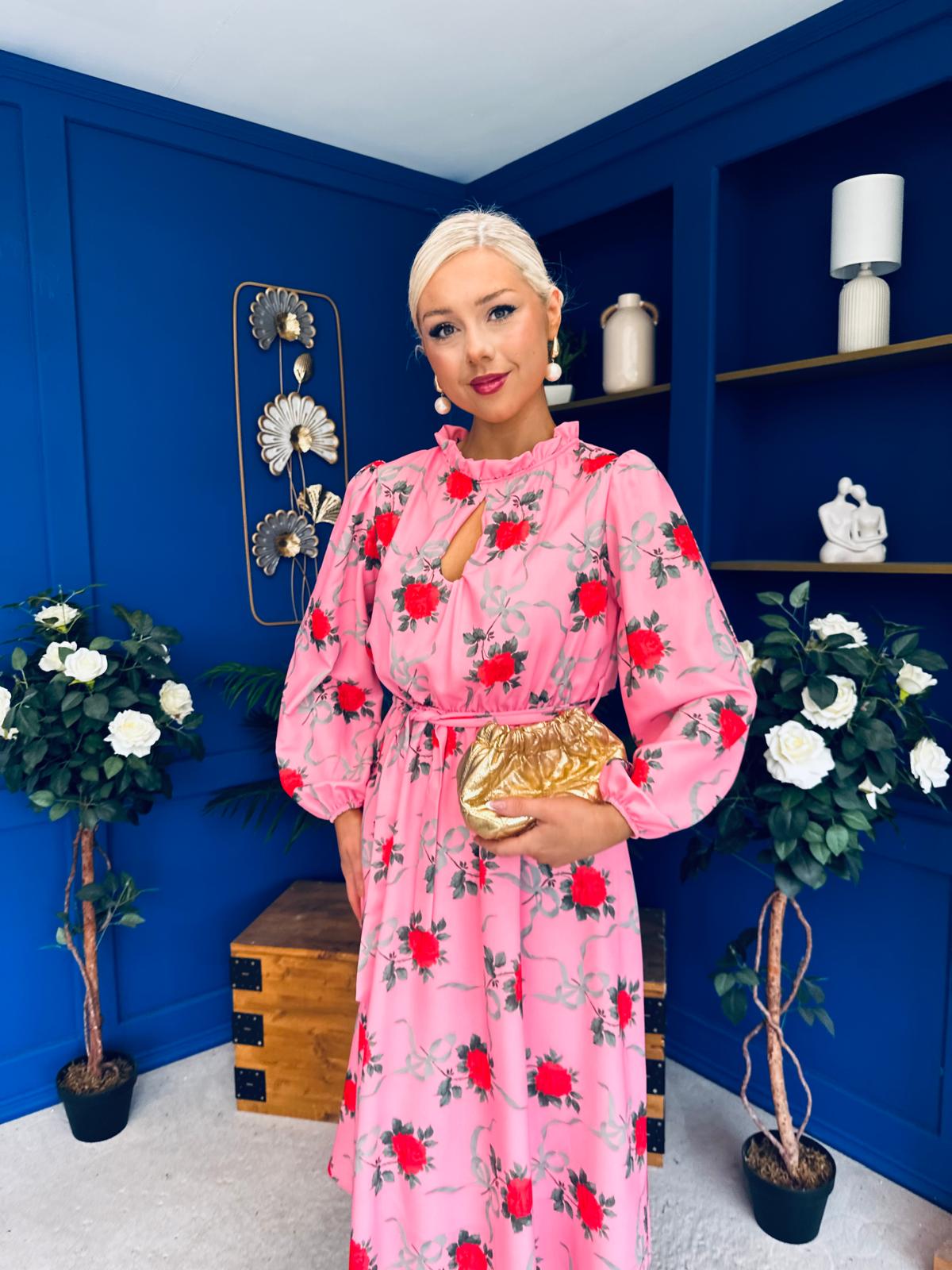 Meghan High Neck Midi Dress Pink Rose