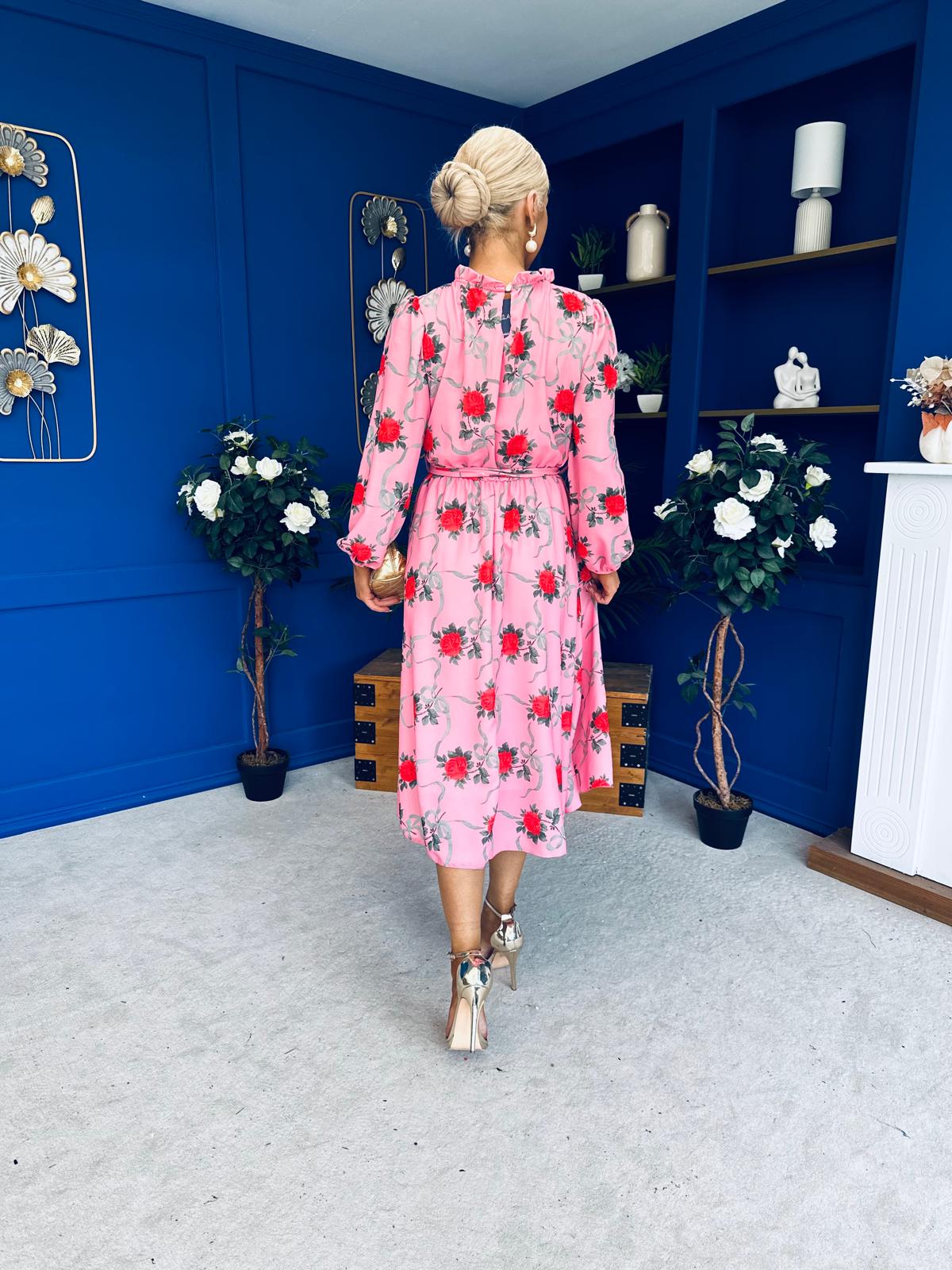 Meghan High Neck Midi Dress Pink Rose