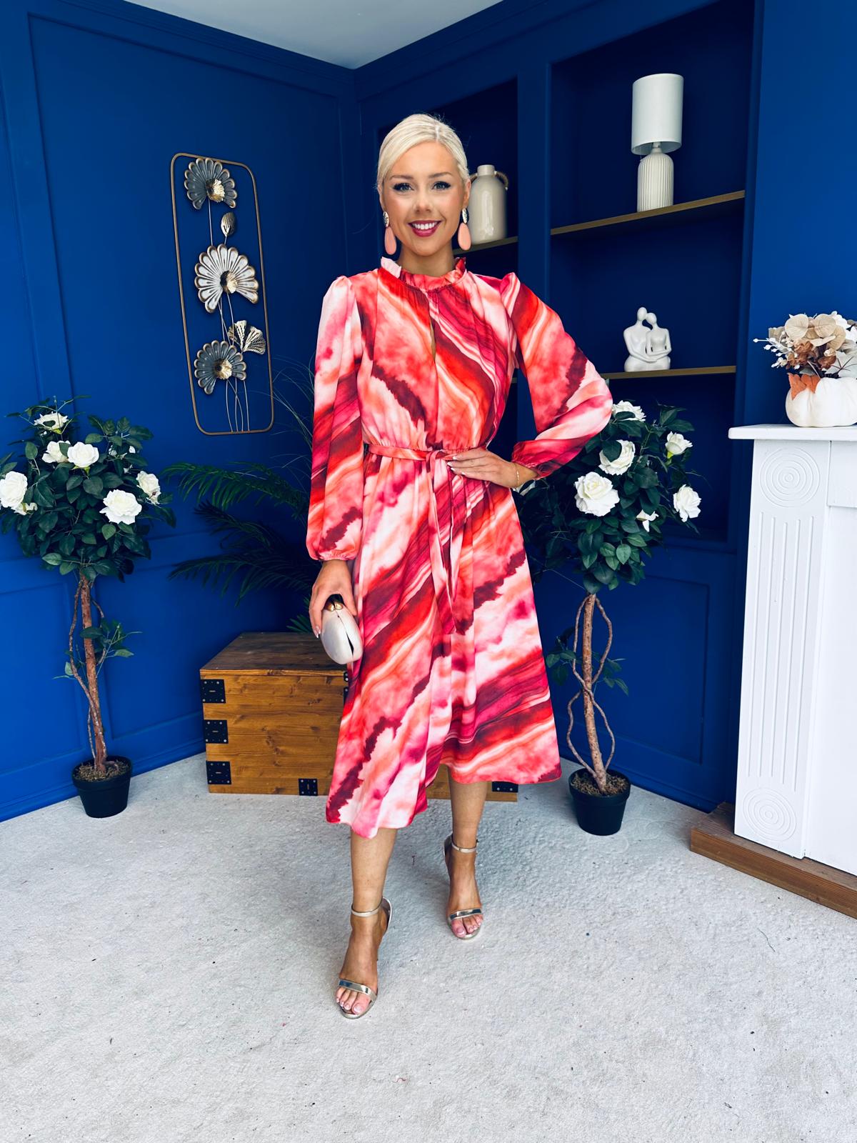 Meghan High Neck Midi Dress Marble Ruby